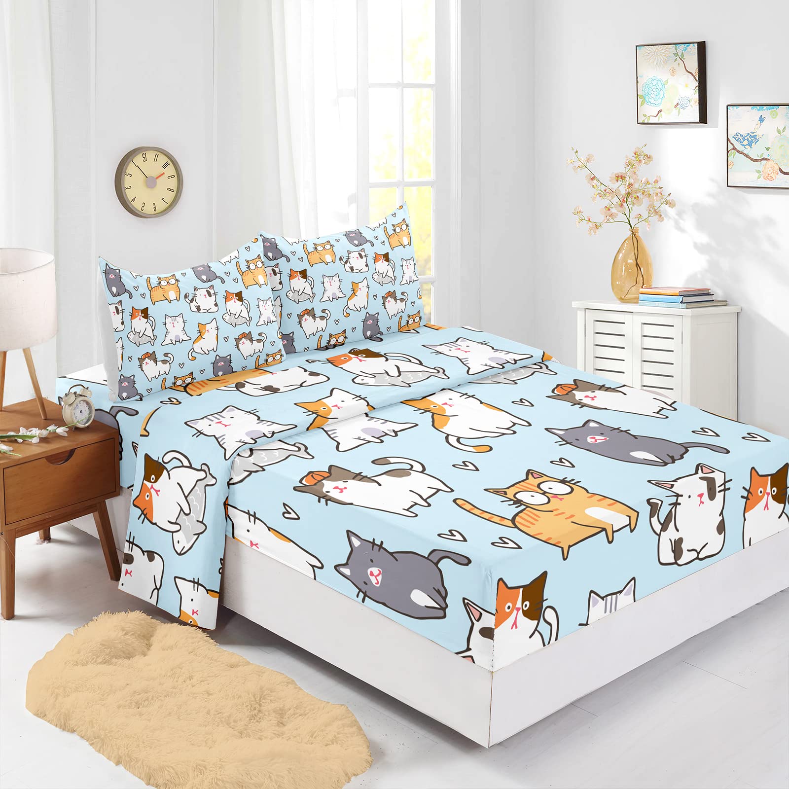 BailiPromise Cartoon Cat Bed Sheet Girls Boys Little Kitten Bedding Set for Teens Children Cute Cat Fitted Sheet Flat Sheet Kawaii Animal Bed Cover 4Pcs Twin Size