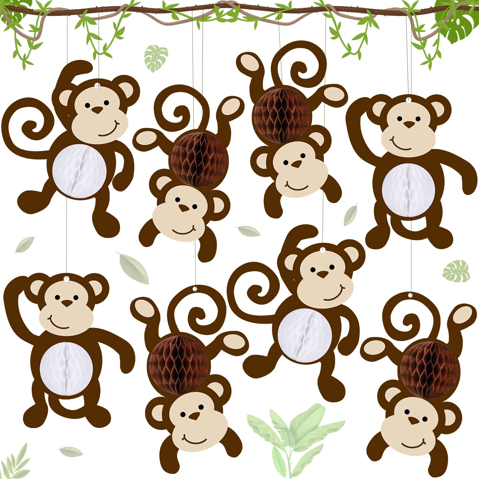 Kanayu 12 Pcs Monkey Cutouts Jungle Party Decorations Honeycomb Monkeys Jungle Themed Party Decorations Monkeys Hanging Banner Decor for Birthday Baby Shower Supplies Room Wall Decor(Cute Monkey)