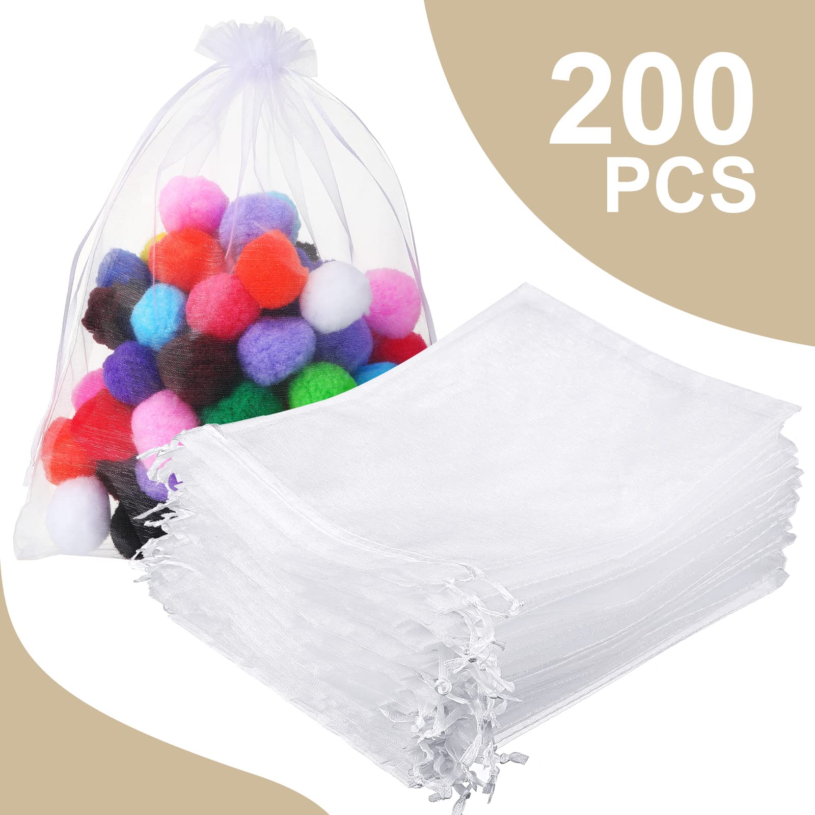 Kacctyen 200 Pcs Large Organza Bags White, 12 x 16 Inch Mesh Gift Drawstring Pouches Mesh Gift Bags Jewelry Pouch Party Wedding Favor Candy Bottle Sample Display Bag