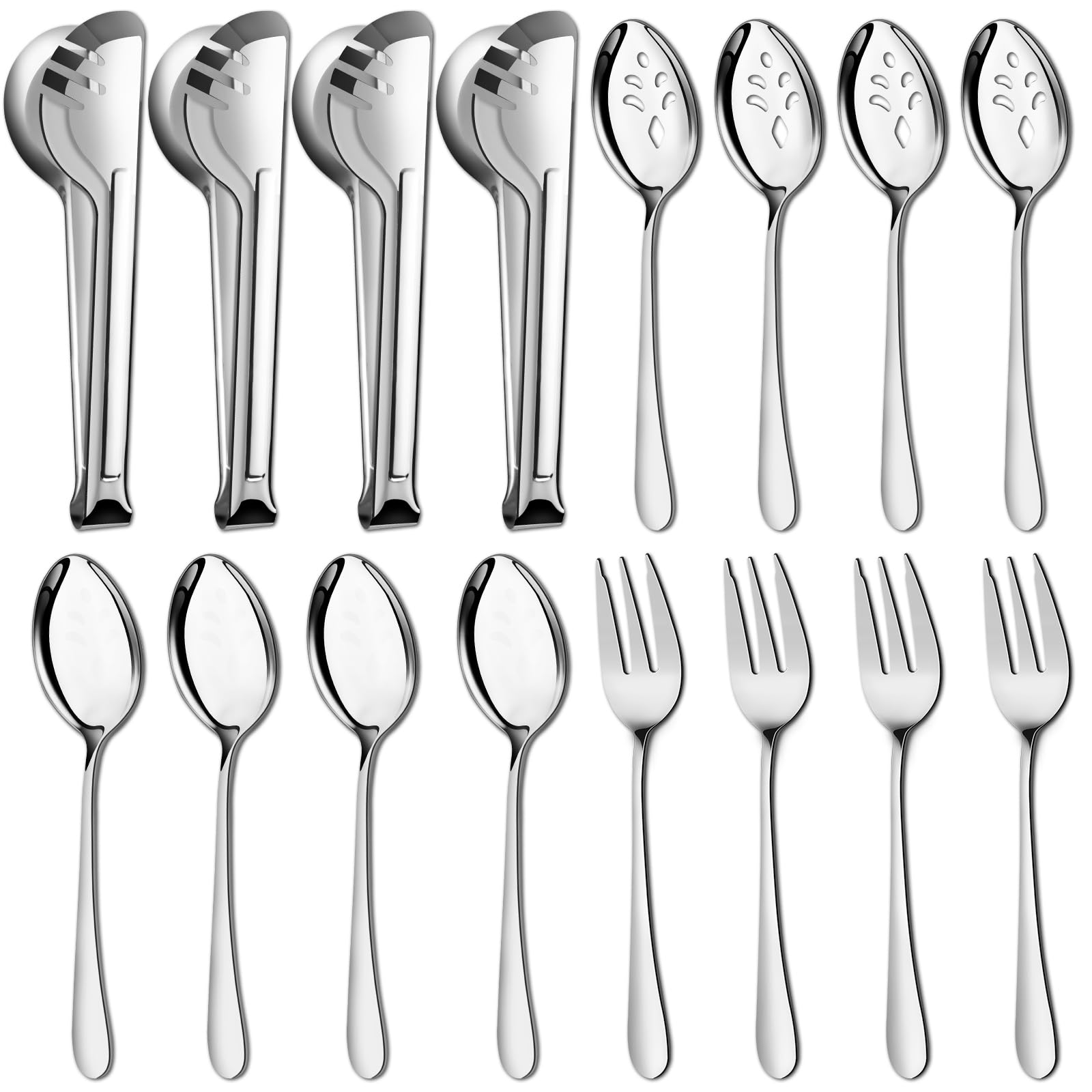 Pleafind 16 PCS Serving Utensils, Stainless Steel Serving Utensils Set with Serving Spoons, Slotted Serving Spoons, Serving Forks and Serving Tongs, Serving Utensils for Parties Buffet Banquet