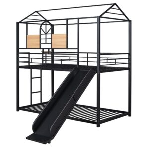 LostCat Metal House Bunk Bed with Slide,Twin Over Twin Bunk Bed with Safety Guardrails and Roof Design for Kids,Teens, Girls, Boys,No Box Spring Required,Black