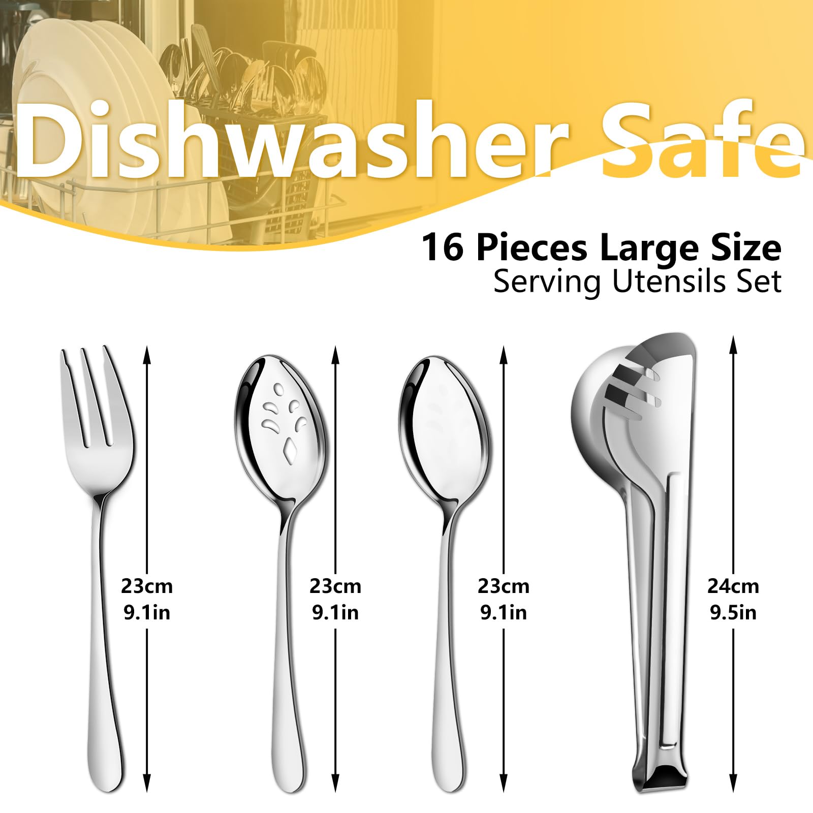 Pleafind 16 PCS Serving Utensils, Stainless Steel Serving Utensils Set with Serving Spoons, Slotted Serving Spoons, Serving Forks and Serving Tongs, Serving Utensils for Parties Buffet Banquet