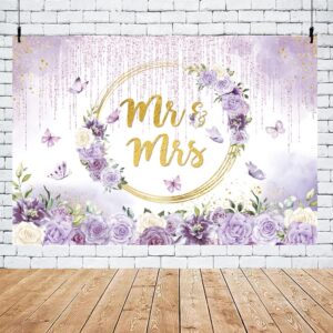 MEHOFOND 7x5ft Mr and Mrs Violet Wedding Backdrop for Bridal Shower Purple Flowers Dripping Glitter Photography Background Gold Geometric Couple Wedding Party Decor Bride to Be Engagement Banner Prop