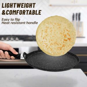 Innerwell Nonstick Crepe Pan, Comal Dosa Pan Tawa Griddle Pancake Pan, 10 Inch Tortilla Pan with Stay-Cool Handle, Induction Compatible, 100% PFOA Free, Black