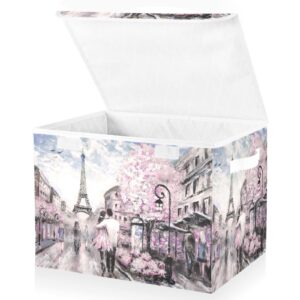 mftjyo storage bin with lid romantic couple paris street scene foldable storage box washable fabric storage cubes bin organizer basket closet for home bedroom closet nursery office