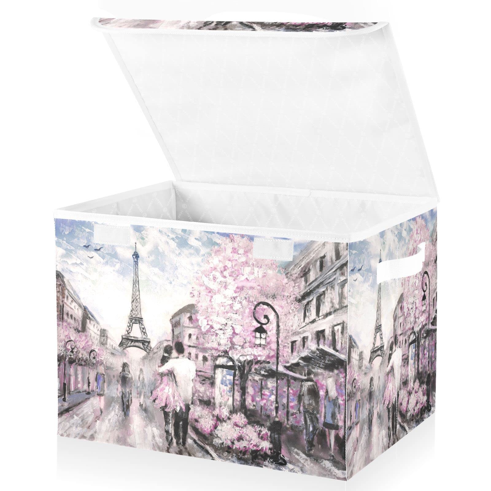 MFTJYO Storage Bin with Lid Romantic Couple Paris Street Scene Foldable Storage Box Washable Fabric Storage Cubes Bin Organizer Basket Closet for Home Bedroom Closet Nursery Office