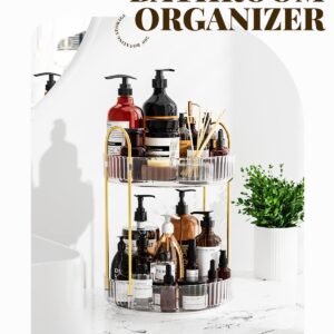 Devokimi Bathroom Organizer Countertop, Rotating Makeup Organizer for Vanity, 2-Tier Make Up Organizers and Storage, Vanity Tray Shelf for Cosmetic, Skin Care, Lotions (Clear)