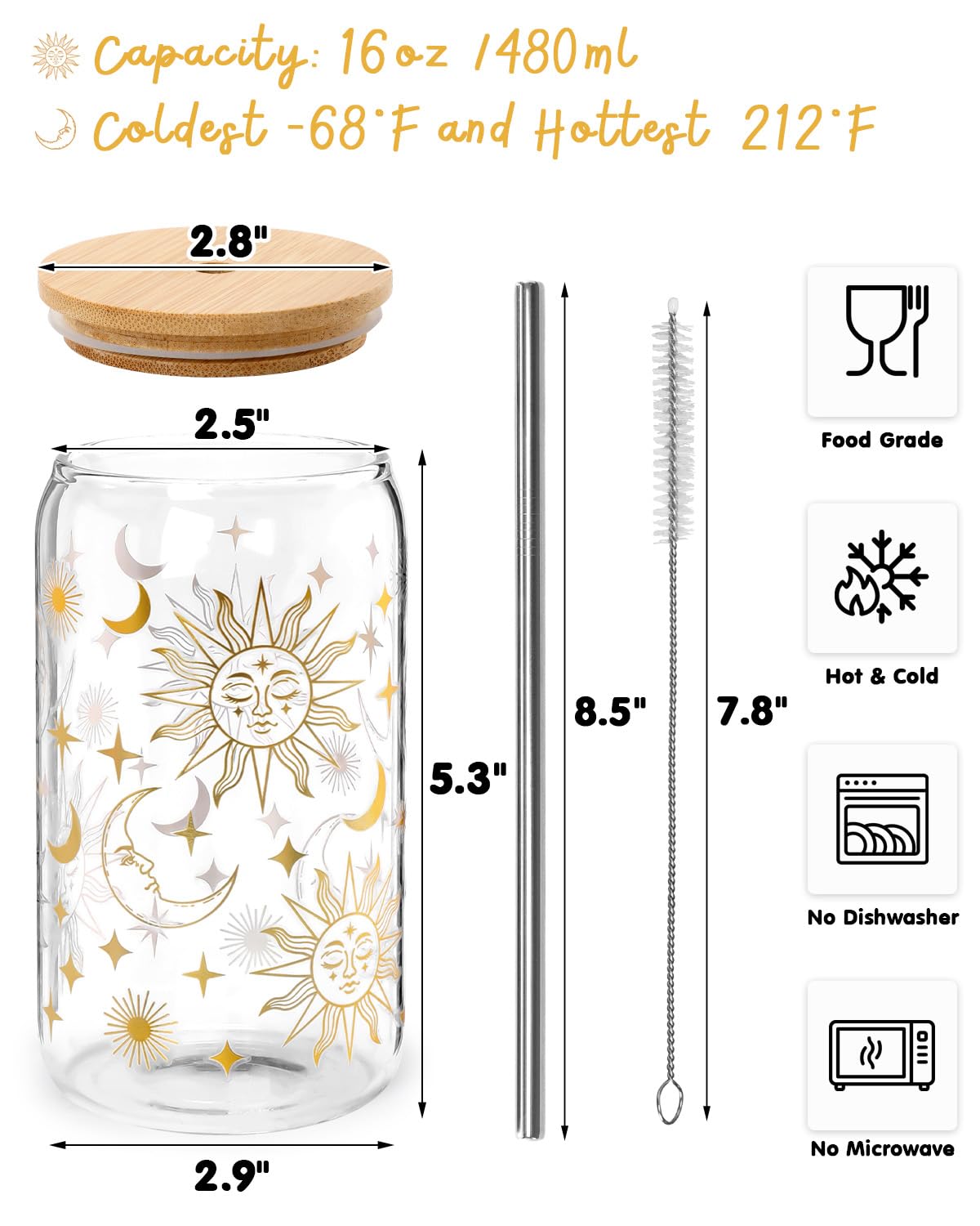 Nefelibata Sun and Moon Iced Coffee Cup Beer Can Glass for Hot/Cold Beverages Gothic Sun Moon Star Tumbler with Lid and Straw Celestial 16oz Coffee Mug Witchy Tarot Gift Boho Home Decor Birthday Gifts