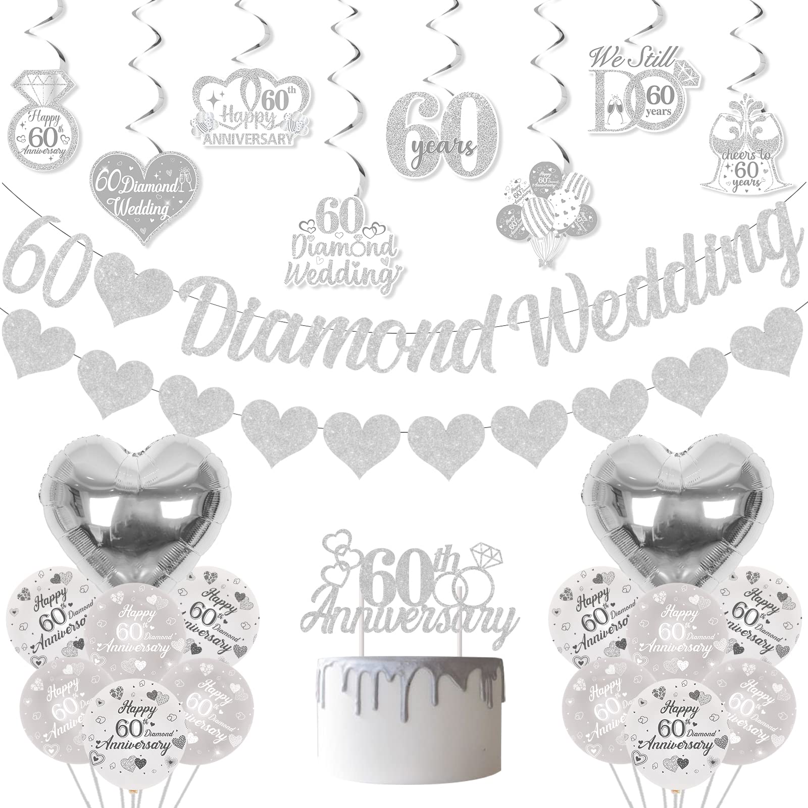 Fangleland 60th Diamond Wedding Anniversary Decorations, Glitter Banner, Cake Topper, Hanging Swirl, Silver Heart-shaped Love Foil Balloons, Party Festival Celebration Supplies Sets