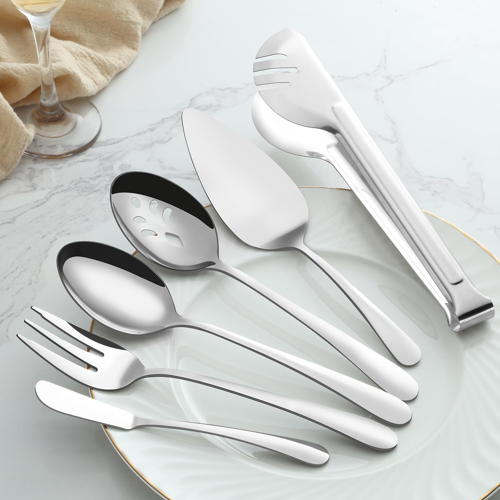 BEWOS Serving Utensils, 20-Piece Large Serving set, Serving Spoons, Slotted Spoons, Serving Tongs & Forks, Cake Server, Butter Knife, Stainless Steel Serving Utensils Set for Parties, Dishwasher Safe