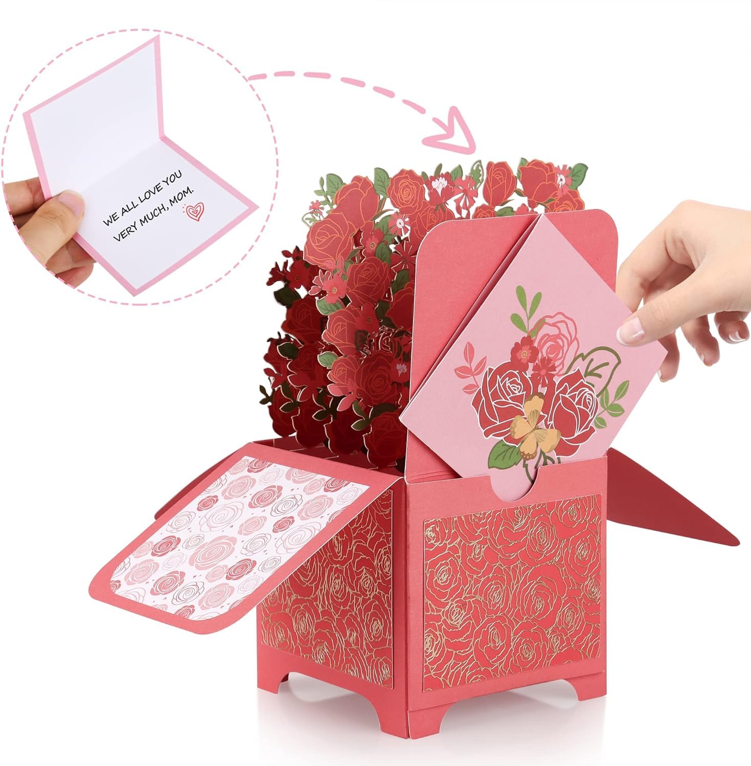 Giiffu Flowers Pop Up Card, Red Rose, 3D Paper Flowers Bouquet Greeting Cards with Note Card and Envelope for Mothers Day, Birthday, Valentine's Day, Anniversaries Card, All Occasion(7" x 6.7")