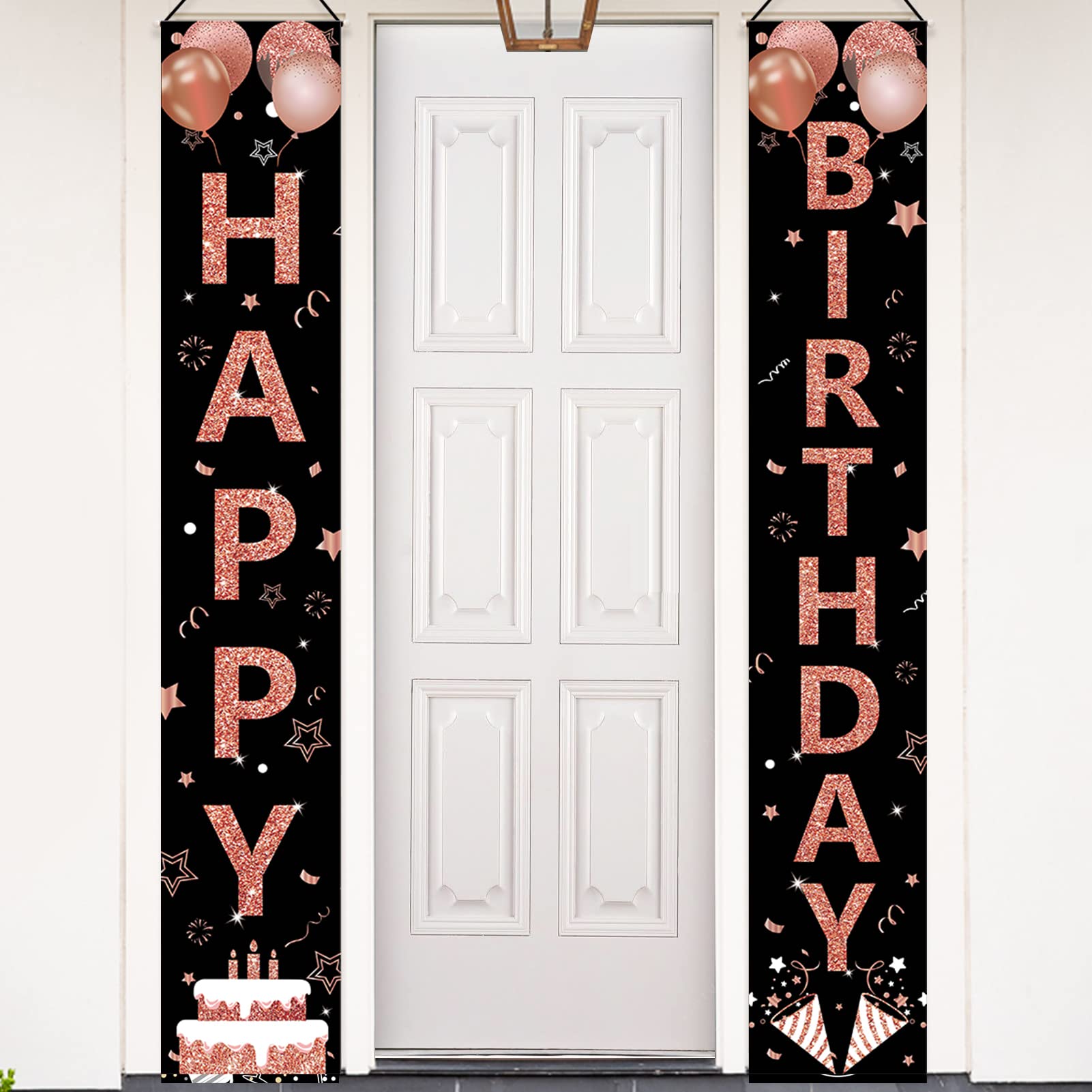 3pcs Rose Gold Birthday Banner Decorations for Women Girls, Happy Birthday Door Banner Backdrop Porch Sign Party Supplies for 16th 18th 30th 40th 50th