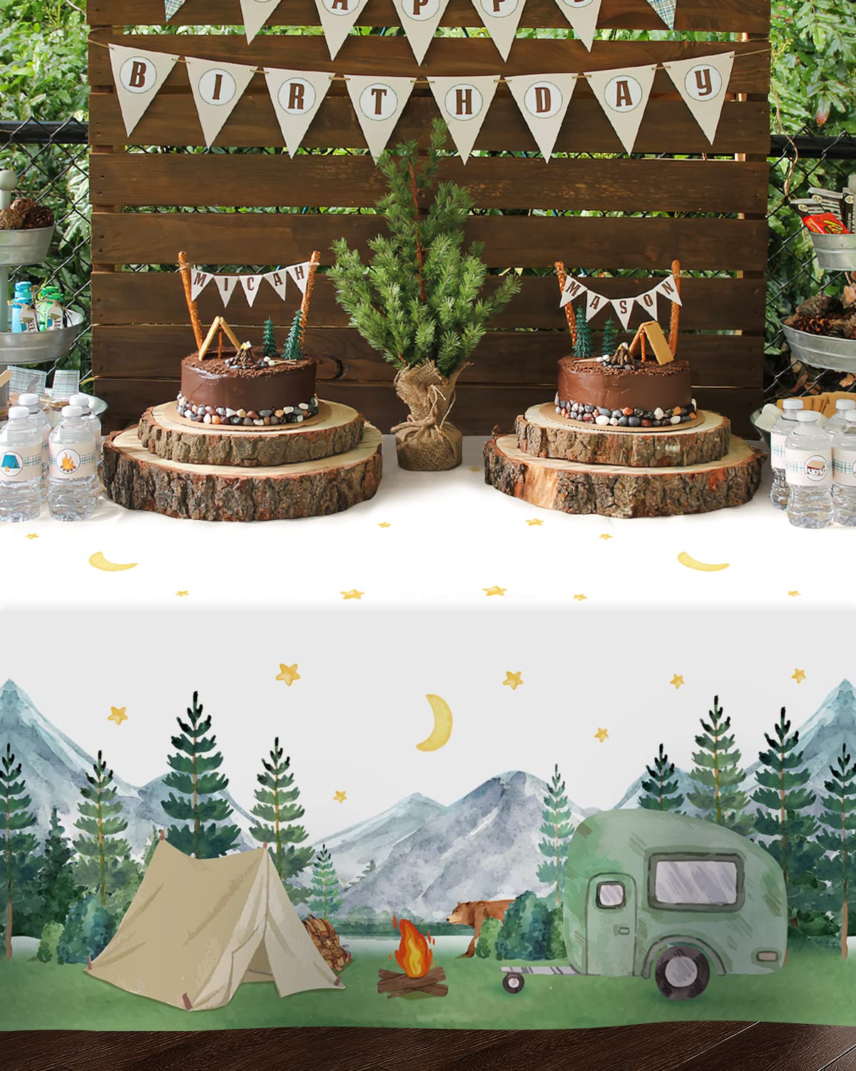 Nefelibata 3 pcs Camping Birthday Decorations Table Cover Waterproof Tablecloths One Happy Camper Party Camping Favors Bachelorette Happy Camper for Boys Girl Plastic Table Runner Disposable Supplies