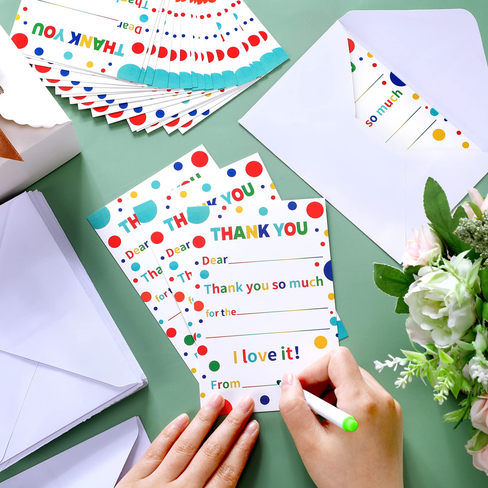 Sherr 200 Pcs Kids Thank You Card with Envelopes Fill in the Blank Rainbow Thank You Notes Birthday Postcard Colorful Dot Cardstock Confetti Appreciation Greeting Gift for Boy Girl Graduation