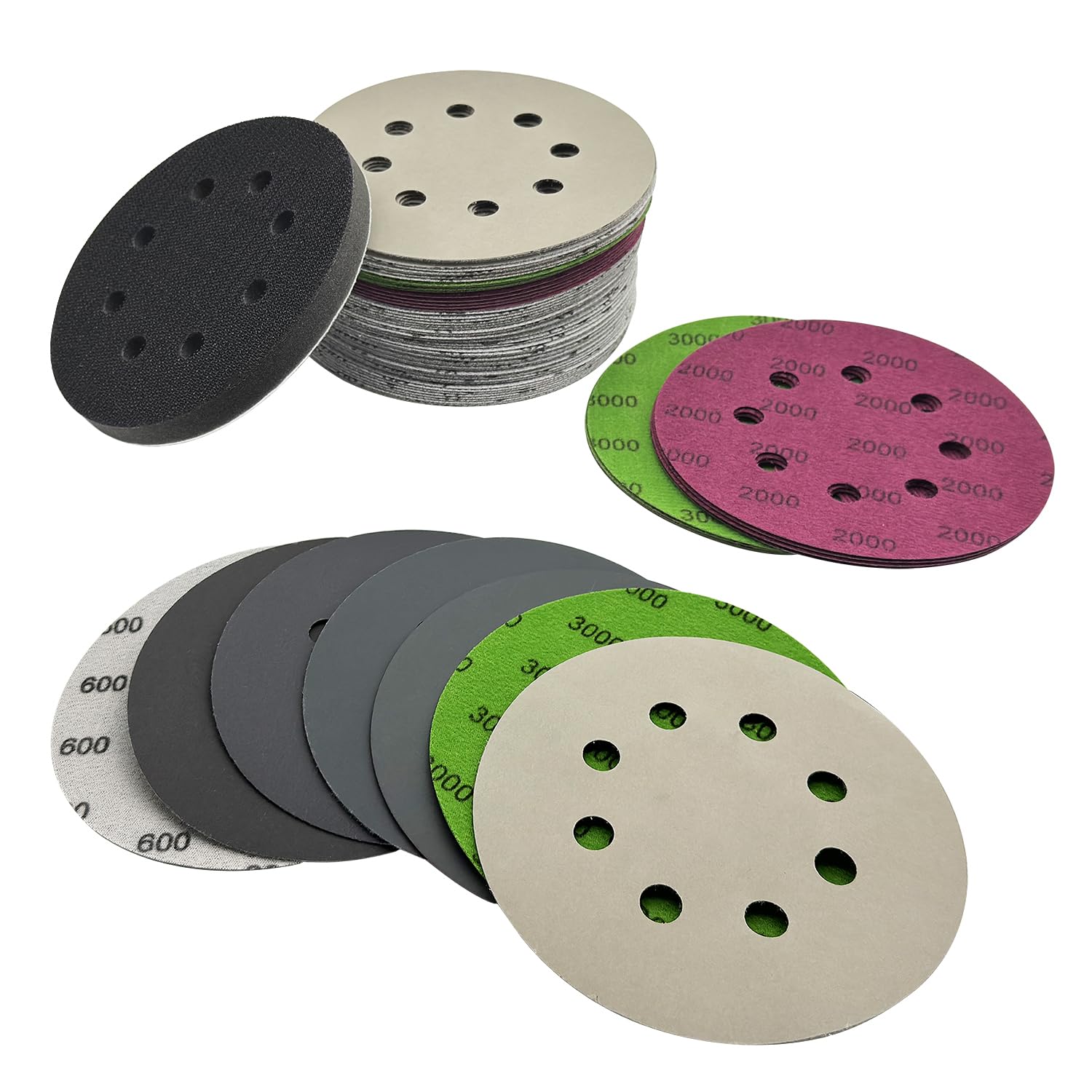 Autkerige 5 Inch Sanding Discs 70pcs Hook and Loop 8 Holes Wet Dry Sandpaper with 1pcs Interface Pad, Grit 600 800 1000 1500 2000 3000 5000