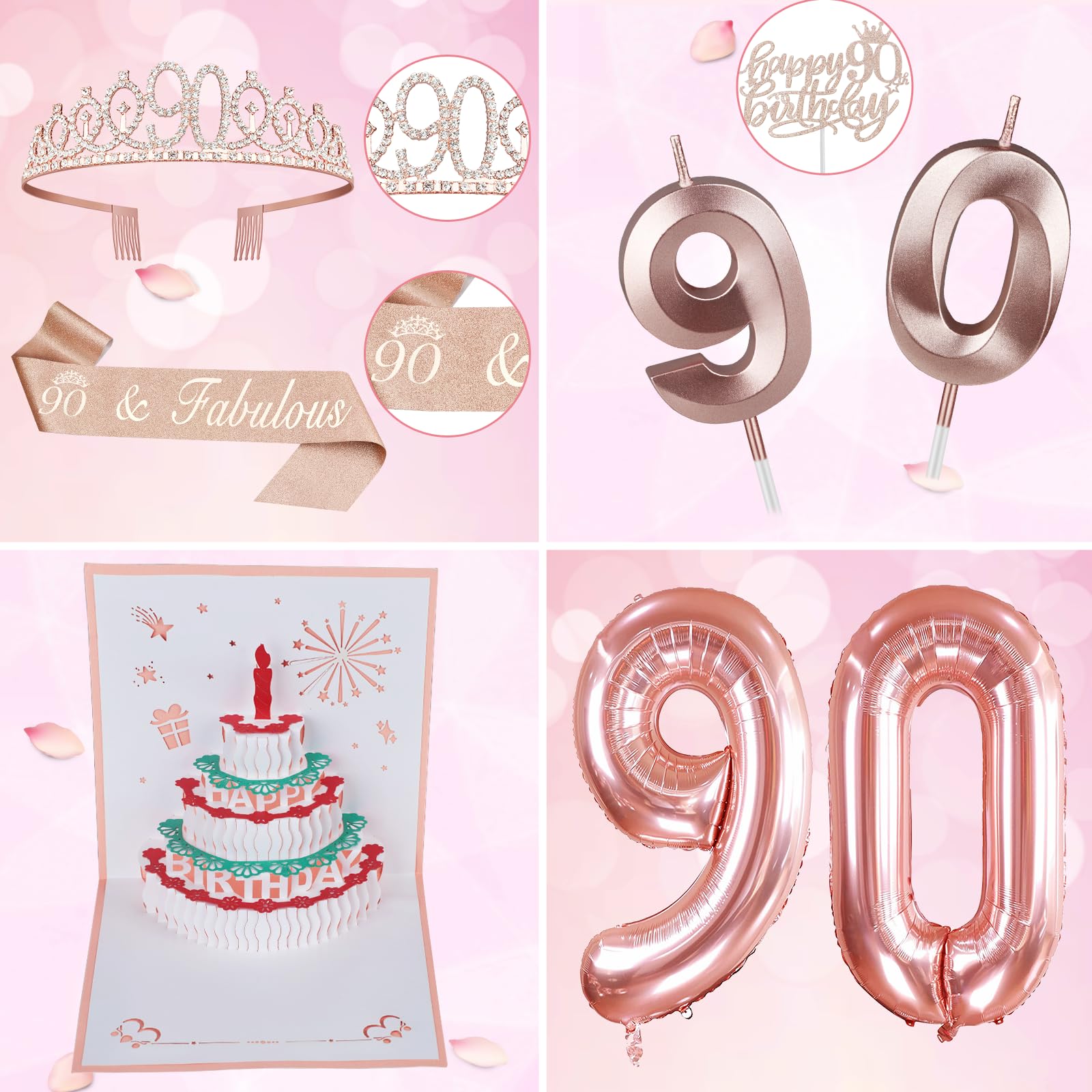 90th Birthday Decorations For Women, Include 90th Birthday Sash and Tiara, Birthday Cake Topper and Number 90 Candles, Balloons, 3D Birthday Card, 90th Birthday Gifts Women