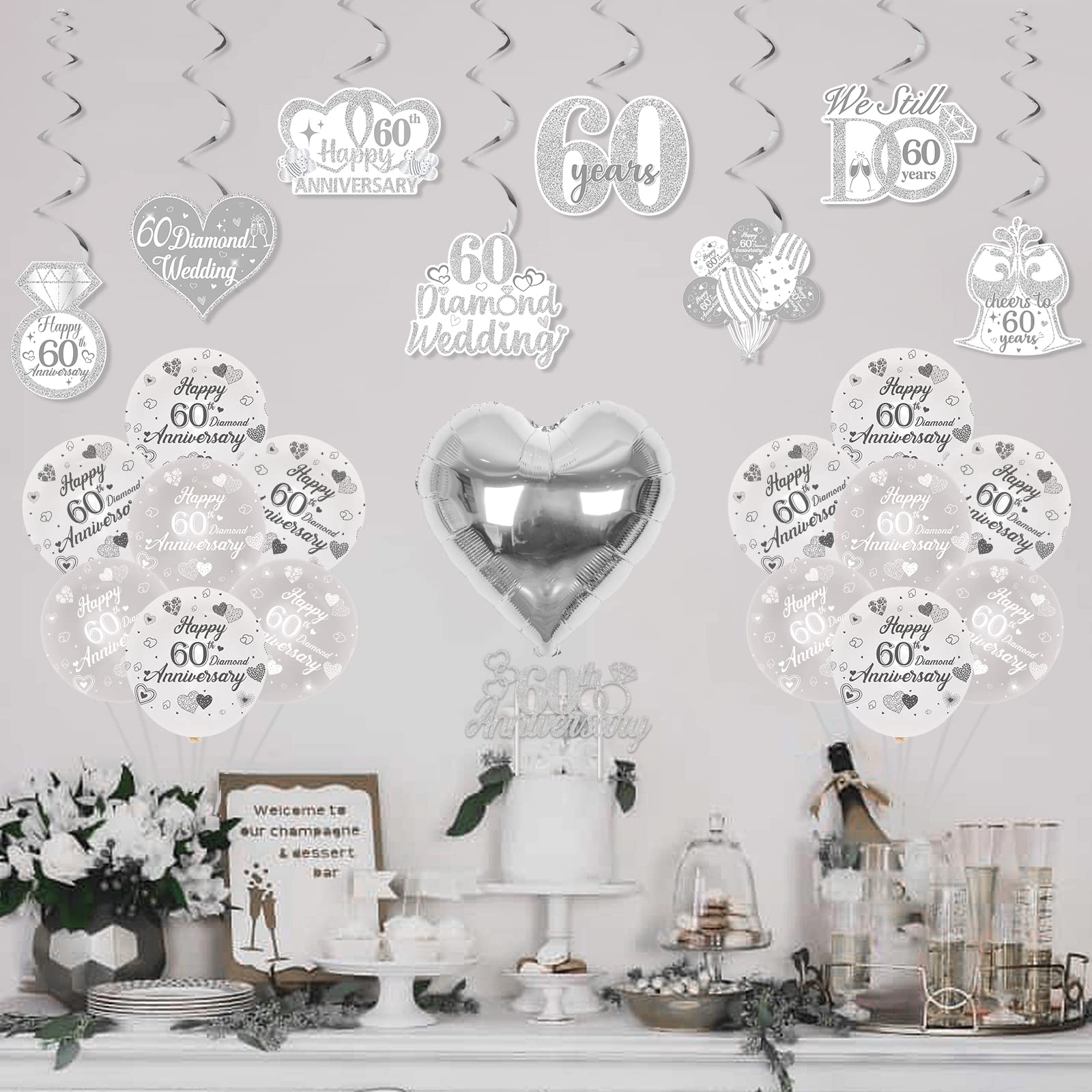 Fangleland 60th Diamond Wedding Anniversary Decorations, Glitter Banner, Cake Topper, Hanging Swirl, Silver Heart-shaped Love Foil Balloons, Party Festival Celebration Supplies Sets