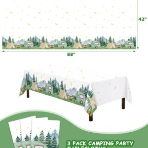 Nefelibata 3 pcs Camping Birthday Decorations Table Cover Waterproof Tablecloths One Happy Camper Party Camping Favors Bachelorette Happy Camper for Boys Girl Plastic Table Runner Disposable Supplies