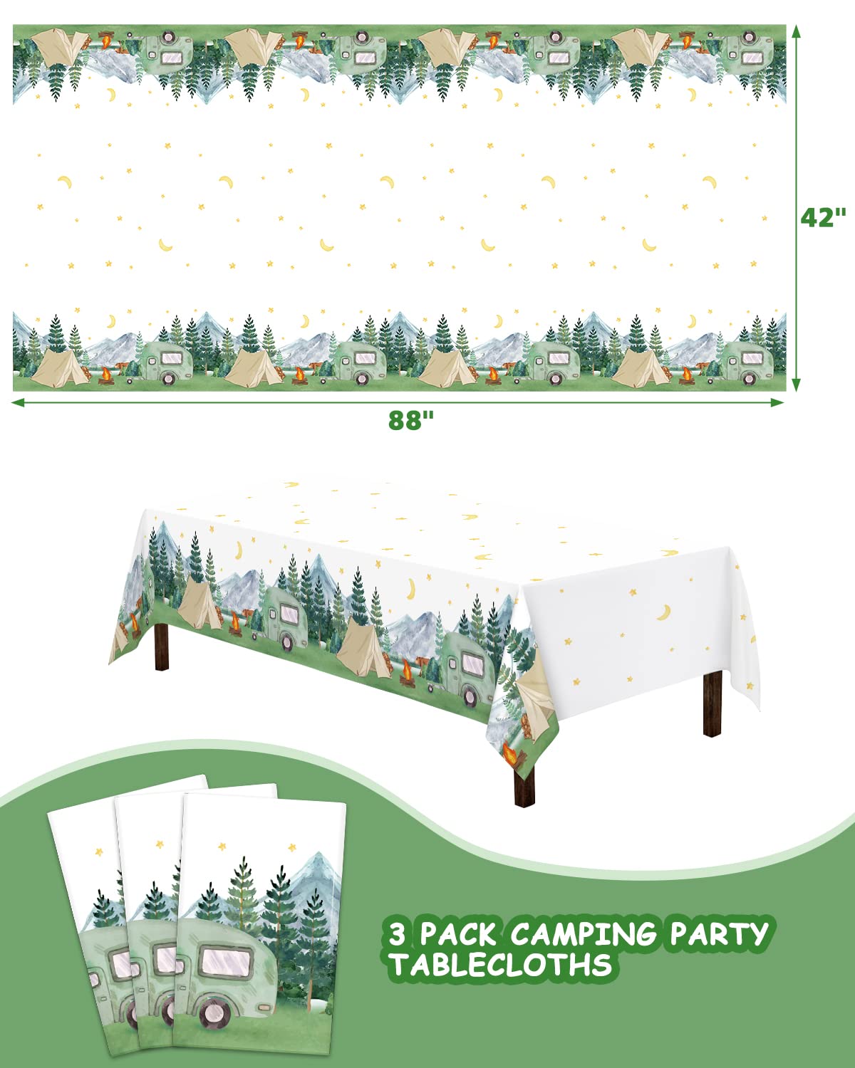 Nefelibata 3 pcs Camping Birthday Decorations Table Cover Waterproof Tablecloths One Happy Camper Party Camping Favors Bachelorette Happy Camper for Boys Girl Plastic Table Runner Disposable Supplies