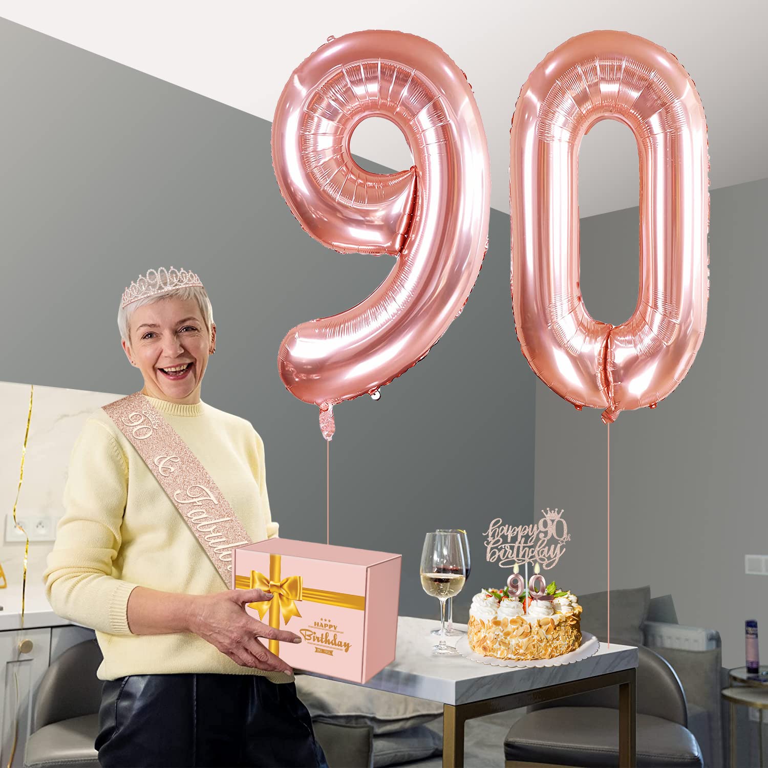 90th Birthday Decorations For Women, Include 90th Birthday Sash and Tiara, Birthday Cake Topper and Number 90 Candles, Balloons, 3D Birthday Card, 90th Birthday Gifts Women