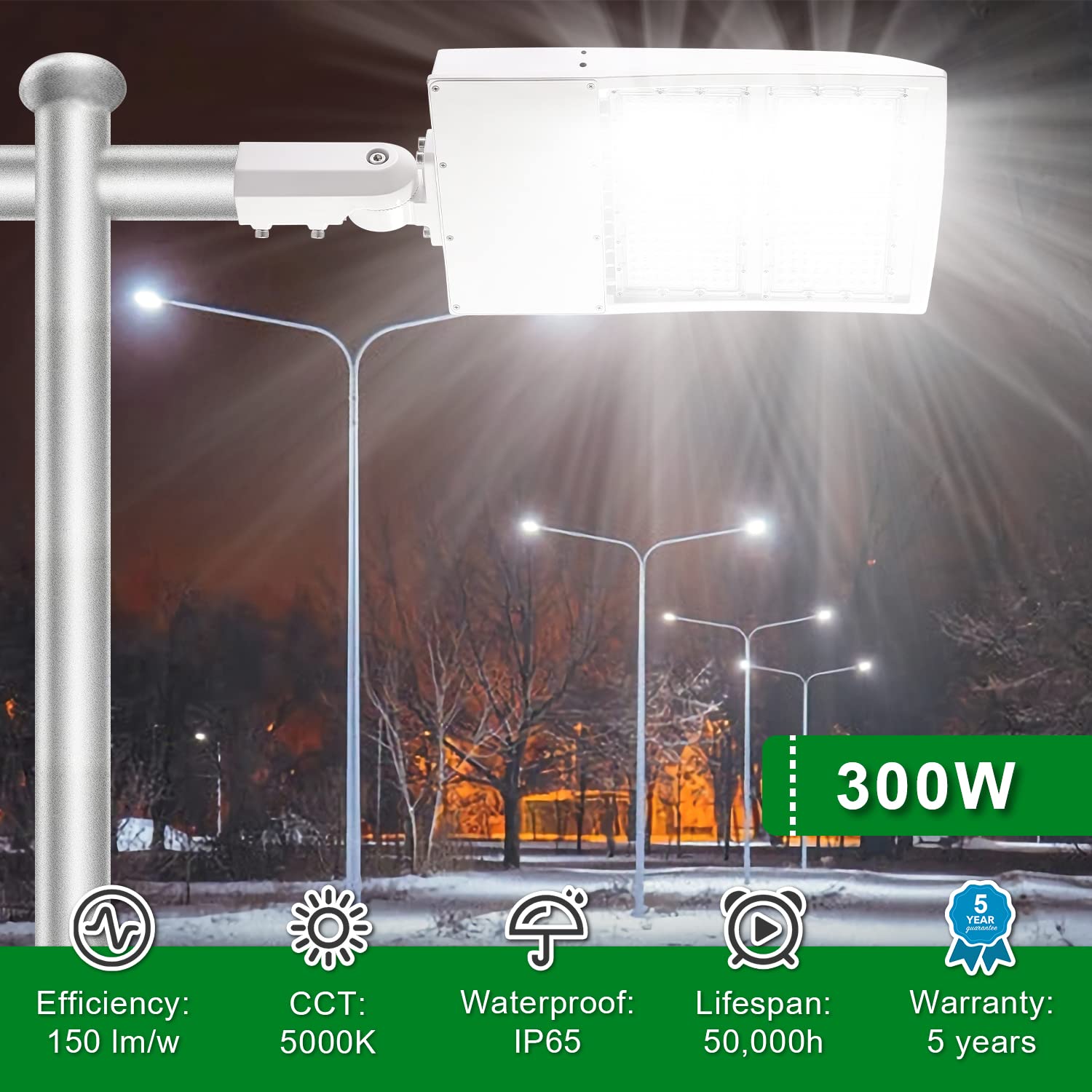 OSTEK 300W 480V White LED Shoebox Parking Lot Lights 42000LM- LED Street Pole Lights Fixture Flood Light IP65 Waterproof Commercial Outdoor Area Lighting ​for Stadium Roadway 5000K 200-480V DLC UL