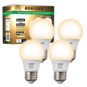 qualilux a15 small dusk to dawn light bulbs outdoor 450lm, warm white, 5w=40w, auto on/off non-dimmable replacement led bulb for string lights, porch, patio, garden, e26 base, 4-pack, hq-h032