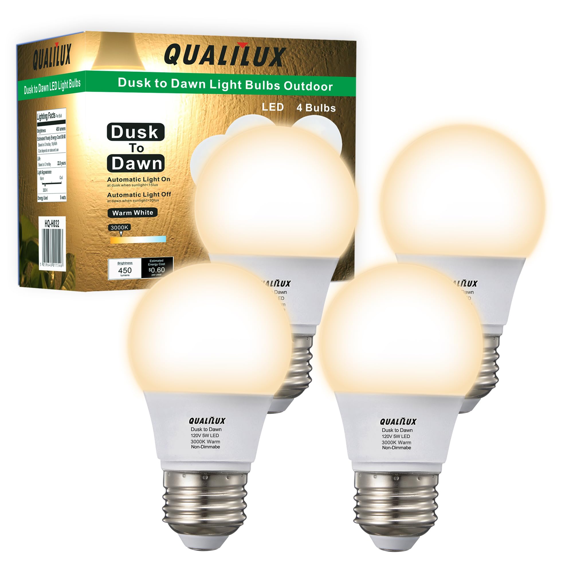 Qualilux A15 Small Dusk to Dawn Light Bulbs Outdoor 450LM, Warm White, 5W=40W, Auto On/Off Non-Dimmable Replacement LED Bulb for String Lights, Porch, Patio, Garden, E26 Base, 4-Pack, HQ-H032