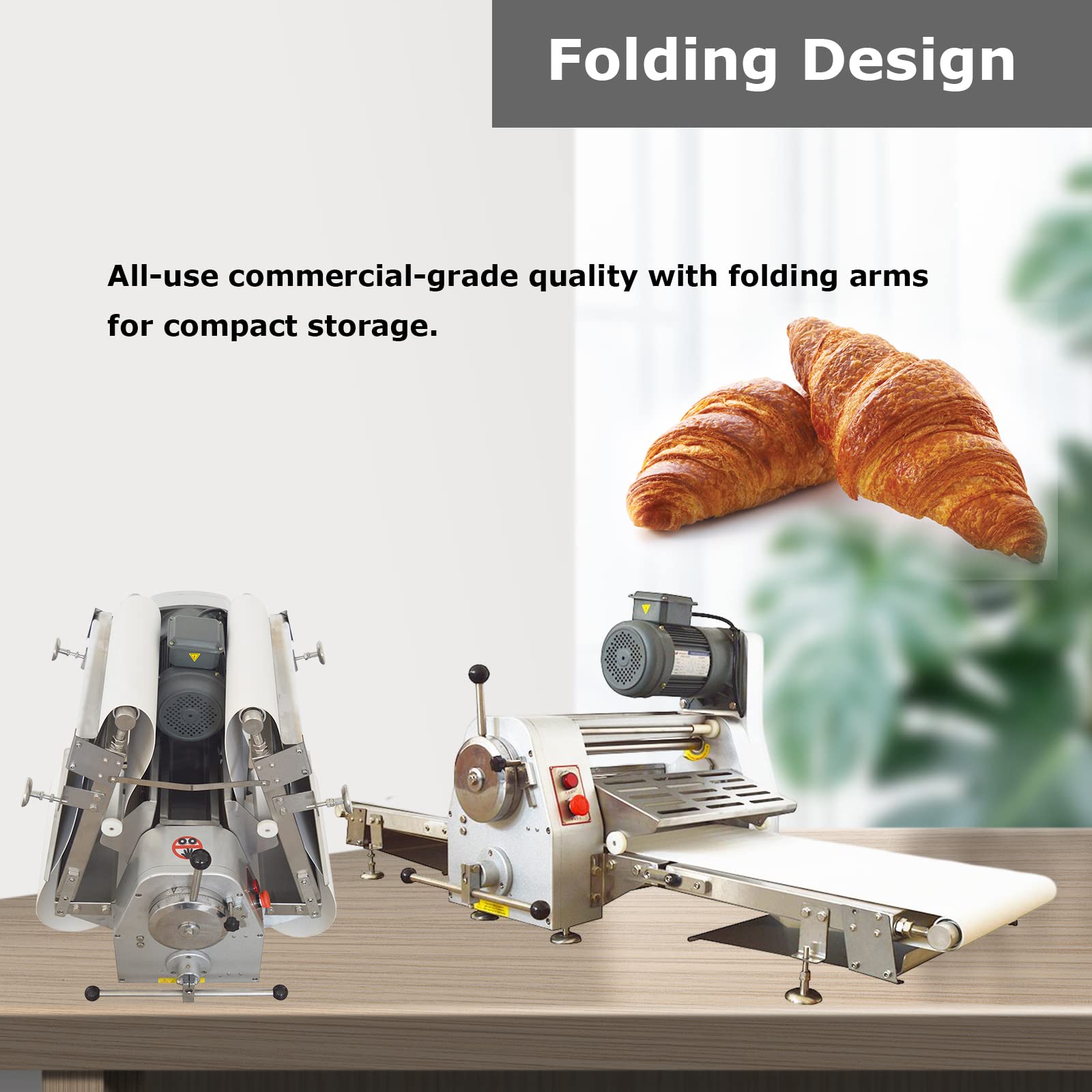 INTBUYING Countertop Dough Sheeter Machine 24in Reversible Pastry Dough Roller Press Sheeter Dough Flatten Laminator Pie Crisp Sheets Folding Machine Danish Pastry Machine 0.04"-1.26" Thickness 110V