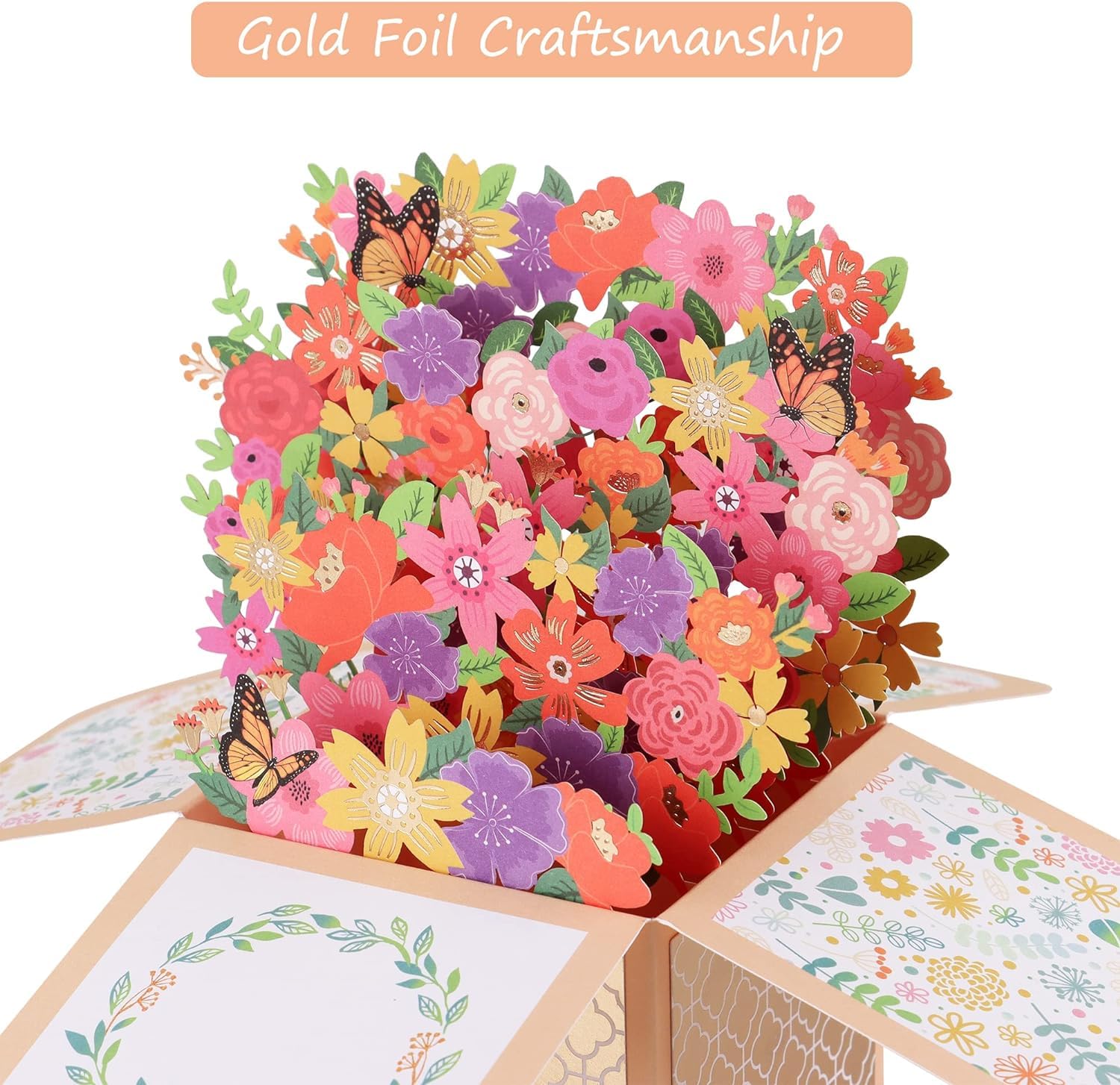 Giiffu Flower Pop Up Card, Colorful Flowers & Butterflies, Handmade 3D Greeting Cards For Her with Note Card and Envelope for All Occasion, Mothers Day, Thanksgiving, Thank You Card(7" x 6.7")