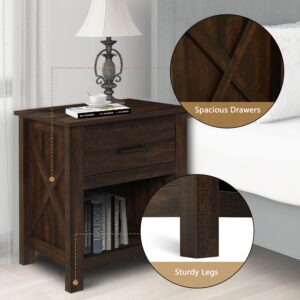 Vikiullf Farmhouse Nightstand - Wooden Bedroom Night Stand, Bedside Table for Bedroom (Espresso, 1-Drawer Set of 2)