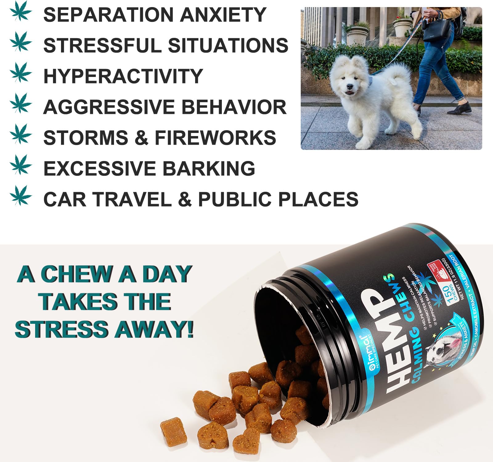 Oimmal Hemp Calming Chews for Dogs, Dog Anxiety Relief Calming Treats, Dog Calming Treats for Separation, Barking, Stress Relief, Thunderstorms, Calming Dog Treats Calming Aid (Duck 150chews)