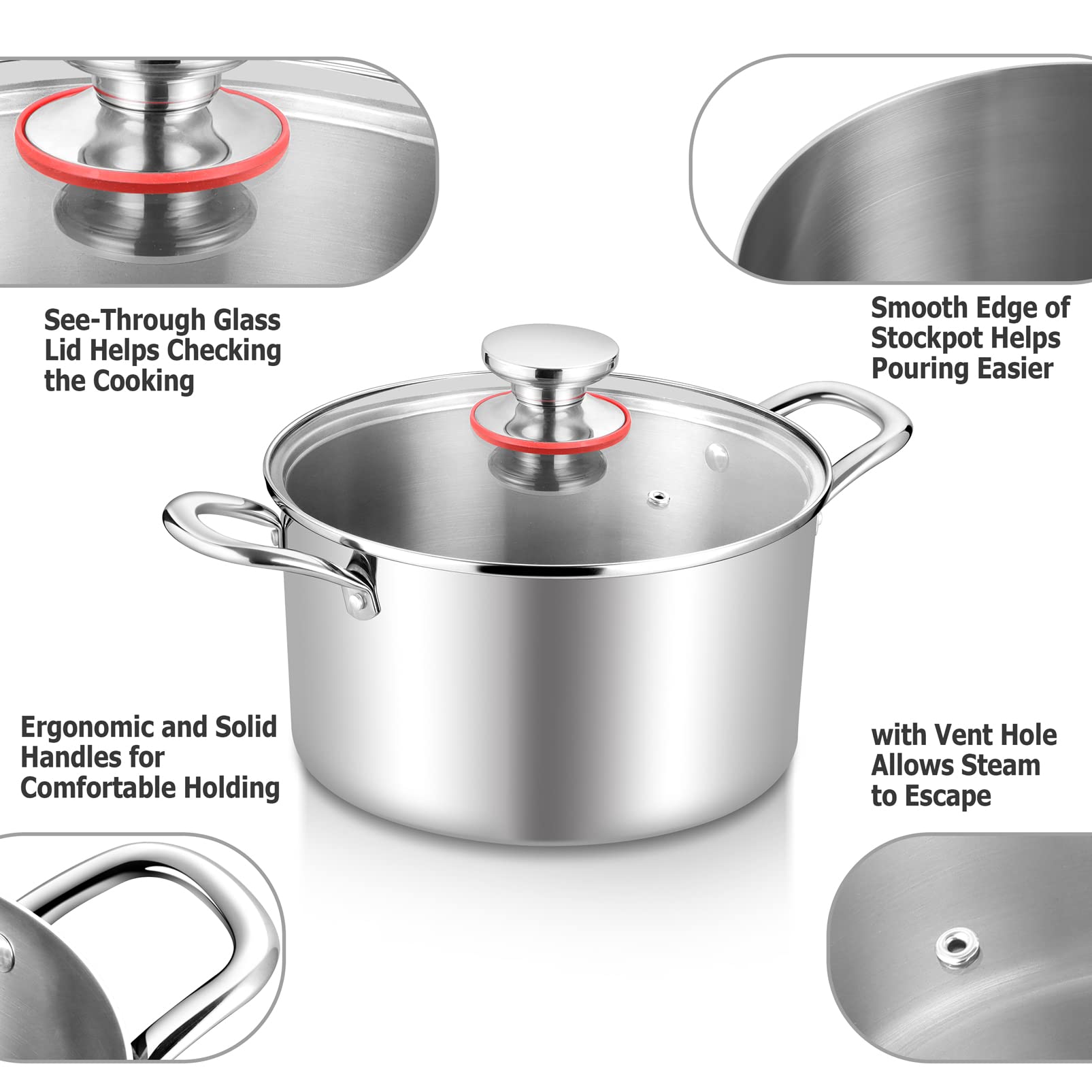 TeamFar 6 Quart Stock Pot, Stainless Steel Tri-Ply Cooking Pasta Pot with Tempered Glass Lid for Induction/Electric/Gas/Ceramic, Healthy & Sturdy, Double Riveted Handles & Dishwasher Safe