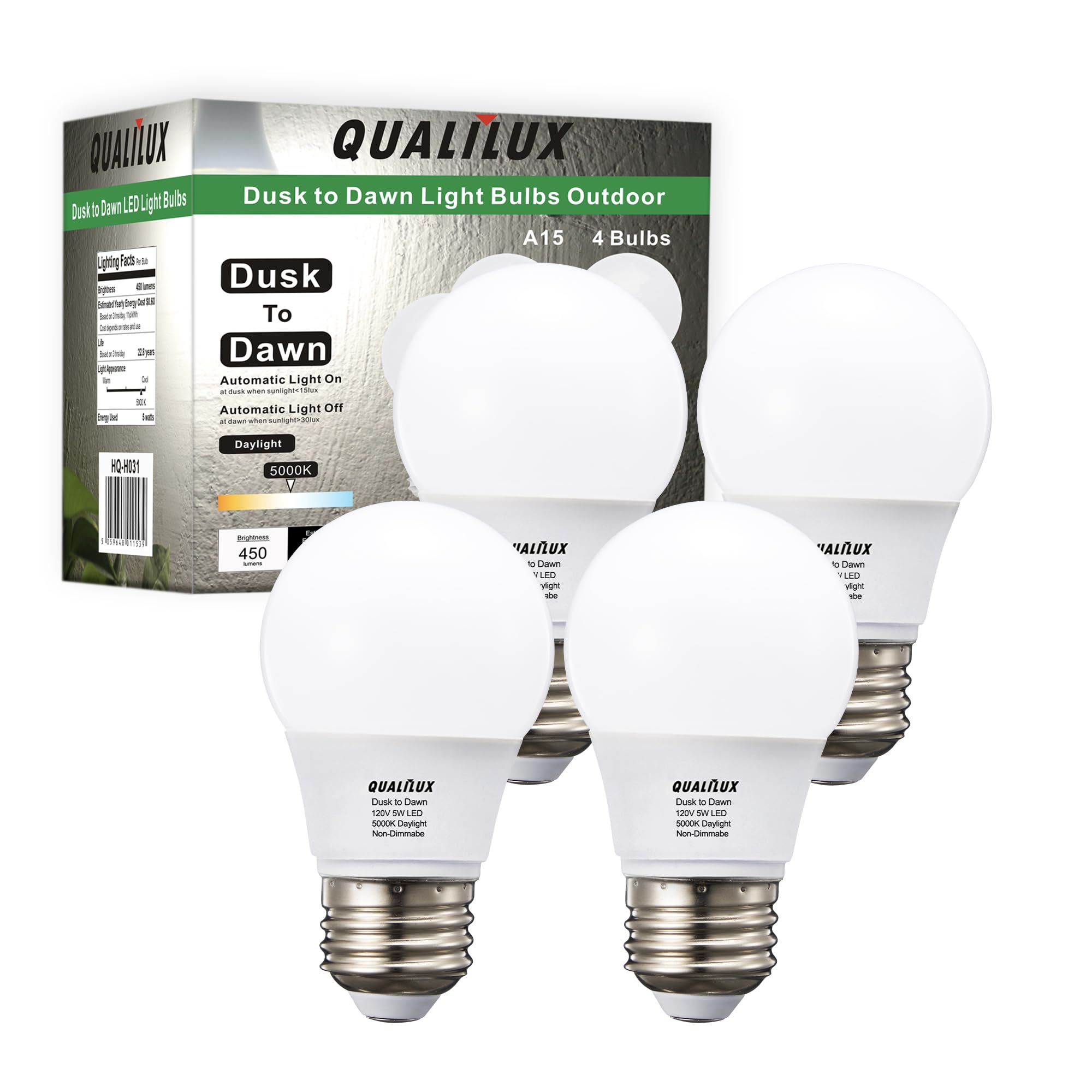 Qualilux A15 Small Dusk to Dawn Light Bulbs Outdoor 450LM, Daylight, 5W=40W, Auto On/Off Non-Dimmable Replacement LED Bulb for String Lights, Porch, Patio, Garden, E26 Base, 4-Pack, HQ-H031