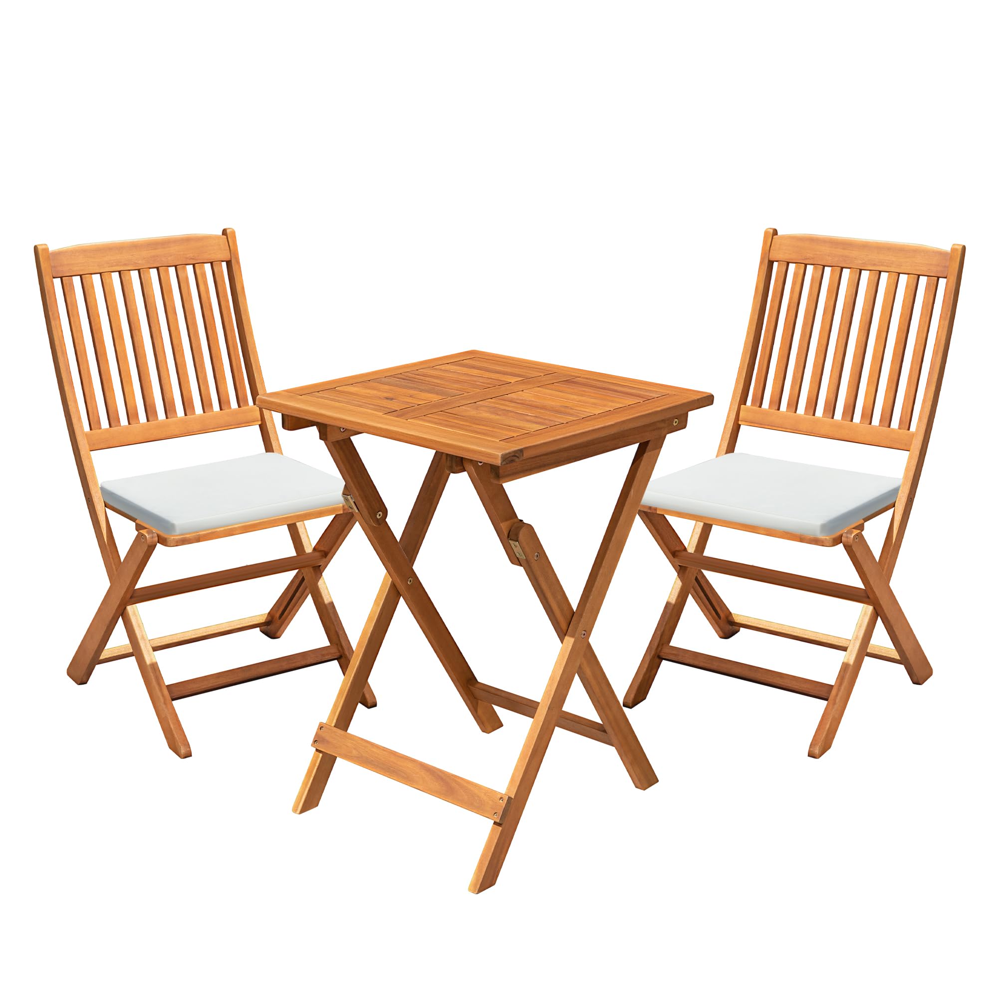 Flamaker Patio Set 3 Piece Acacia Wood Folding Bistro Set Outdoor Square Table and Chairs Balcony Furniture for Porch, Lawn, Backyard (Natural)