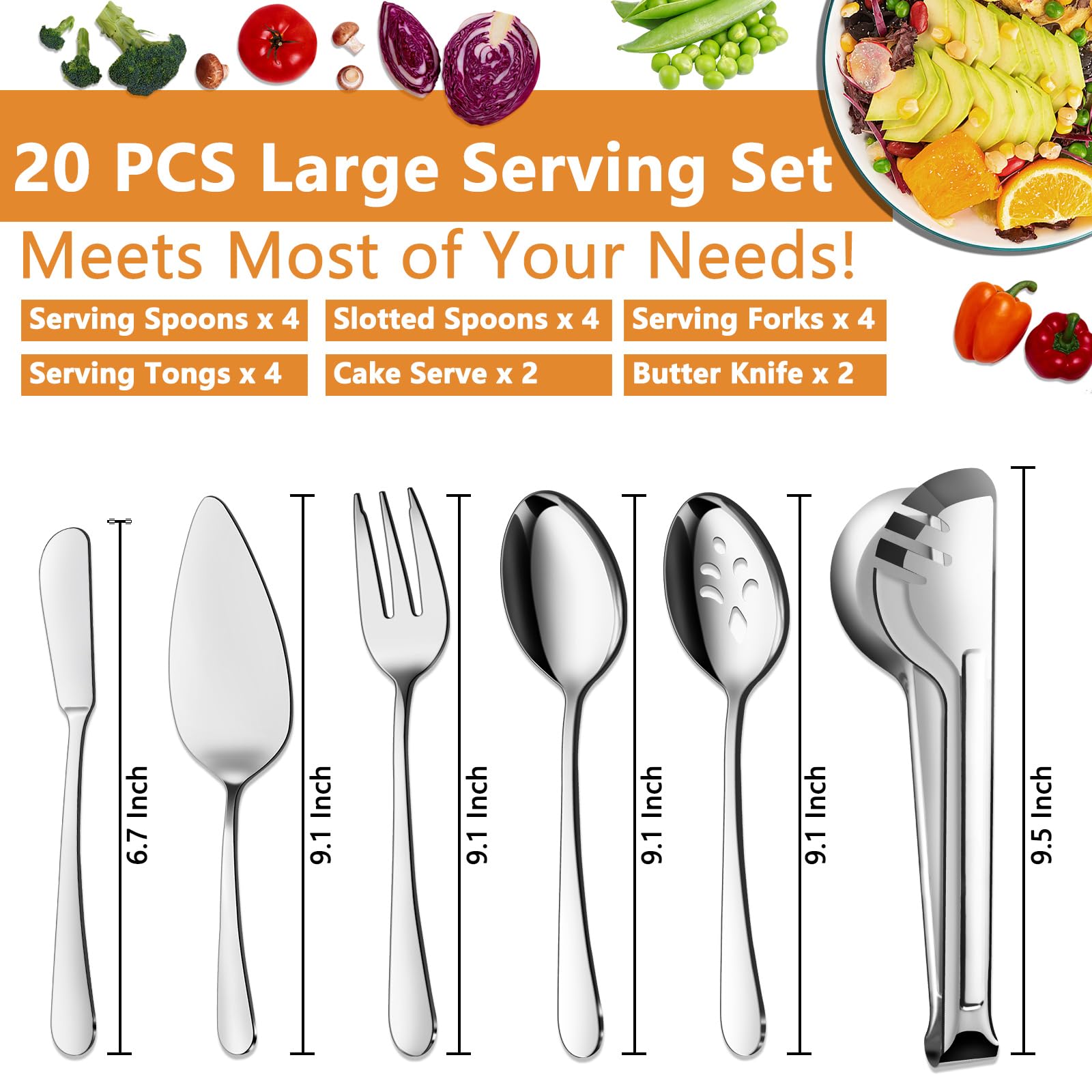 BEWOS Serving Utensils, 20-Piece Large Serving set, Serving Spoons, Slotted Spoons, Serving Tongs & Forks, Cake Server, Butter Knife, Stainless Steel Serving Utensils Set for Parties, Dishwasher Safe