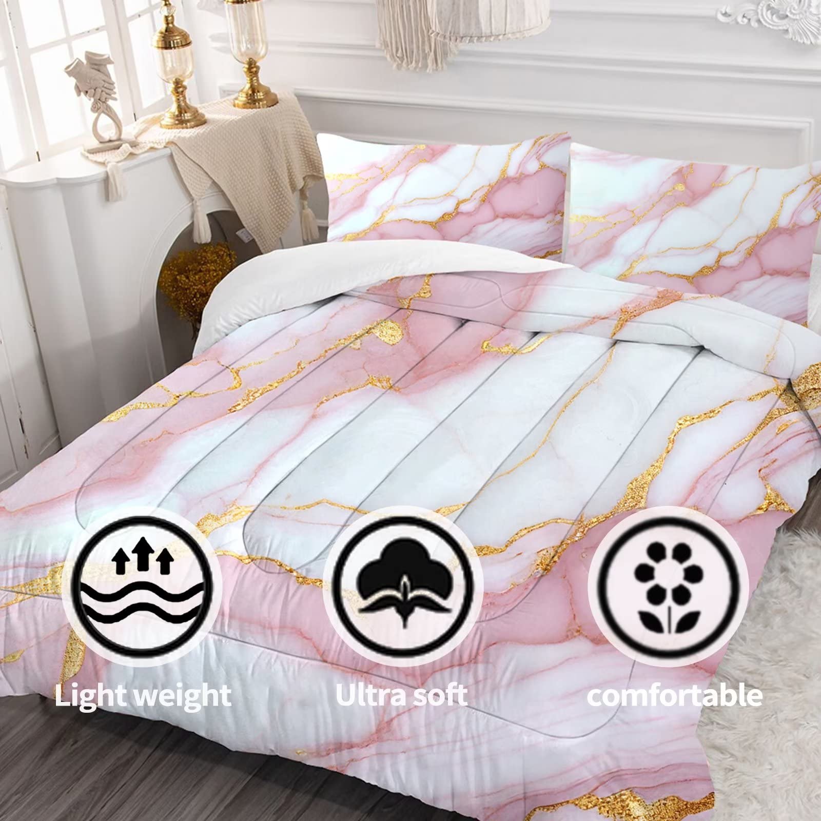 FUYEUN Marble Comforter Sets Pale Pink Chic Bedding Set Full Size for Girls Teens Women Boys Gold Glitter Luxury Marbling Texture Quilt 1 Comforter + 2 Pillow Cases