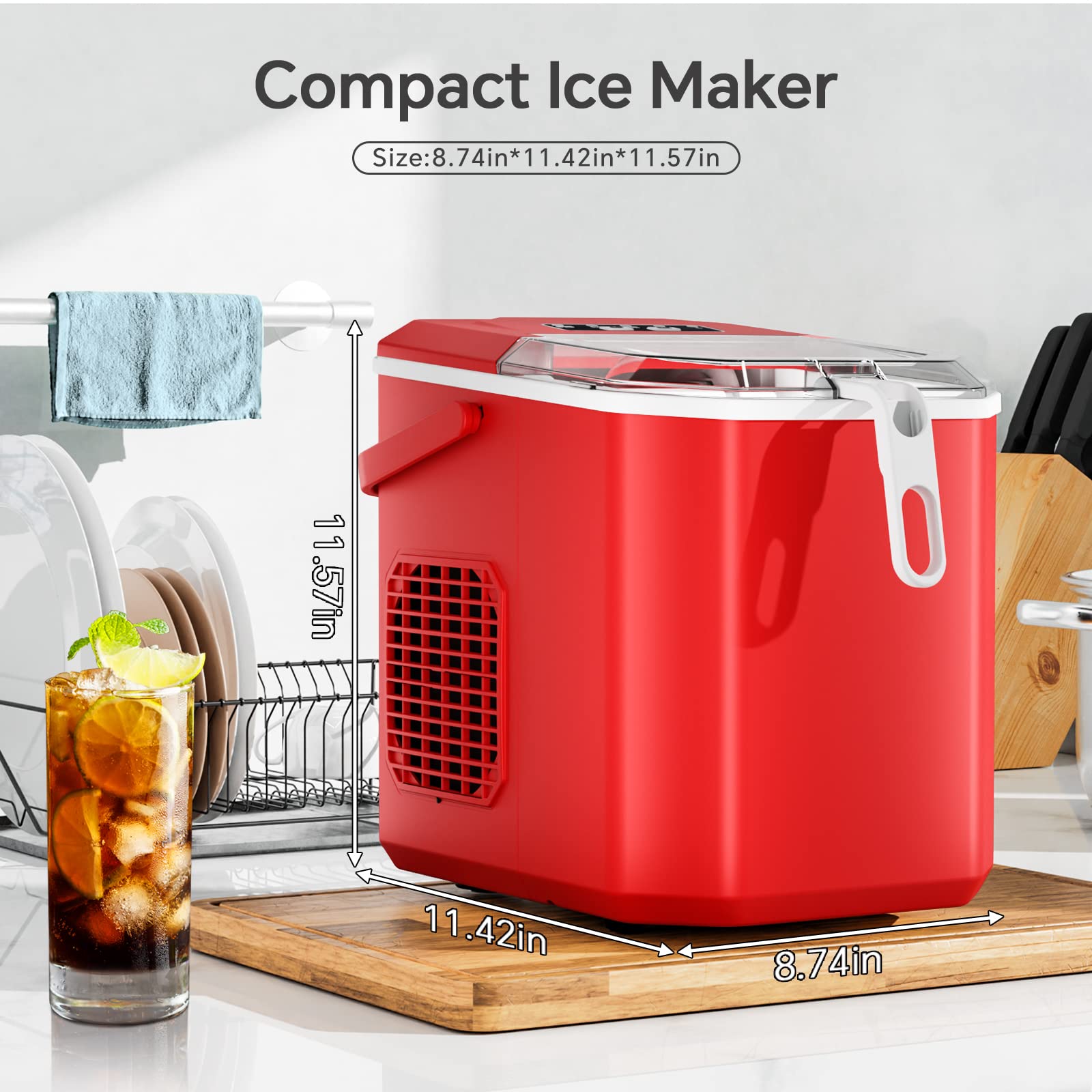 Crzoe Ice Makers Countertop, Ice Machine with Handle, 26Lbs in 24Hrs, 9 Cubes Ready in 6 Mins, Self-Cleaning Portable Ice Maker, 2 Sizes of Bullet Ice Cubes for Home and Office(RED)