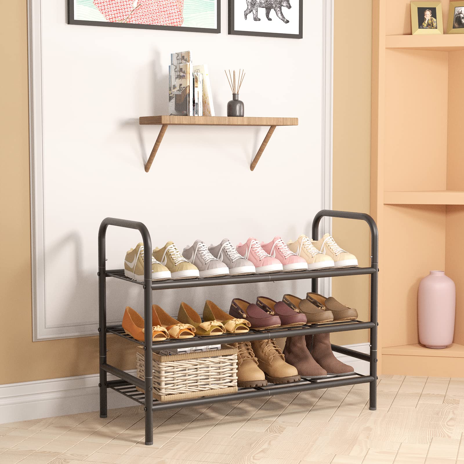 Huhote Metal Shoe Rack 3 Tiers Black Freestanding Shoe Organizer Storage Shelf, Storage Rack Space Saving Shoe Stand Shoe Shelf Garage Shelving for Entryway, Hallway, Living Room,Closet