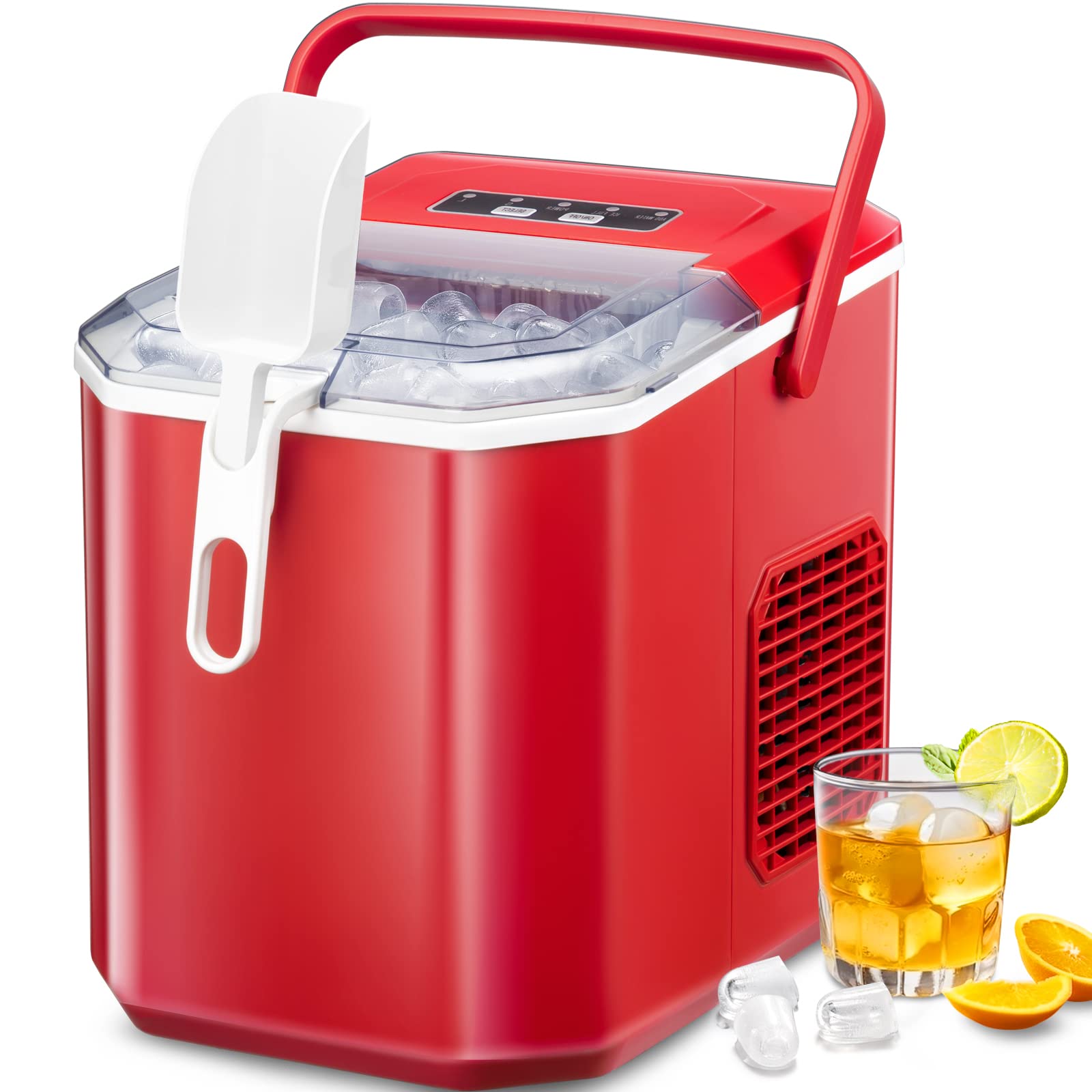 Crzoe Ice Makers Countertop, Ice Machine with Handle, 26Lbs in 24Hrs, 9 Cubes Ready in 6 Mins, Self-Cleaning Portable Ice Maker, 2 Sizes of Bullet Ice Cubes for Home and Office(RED)