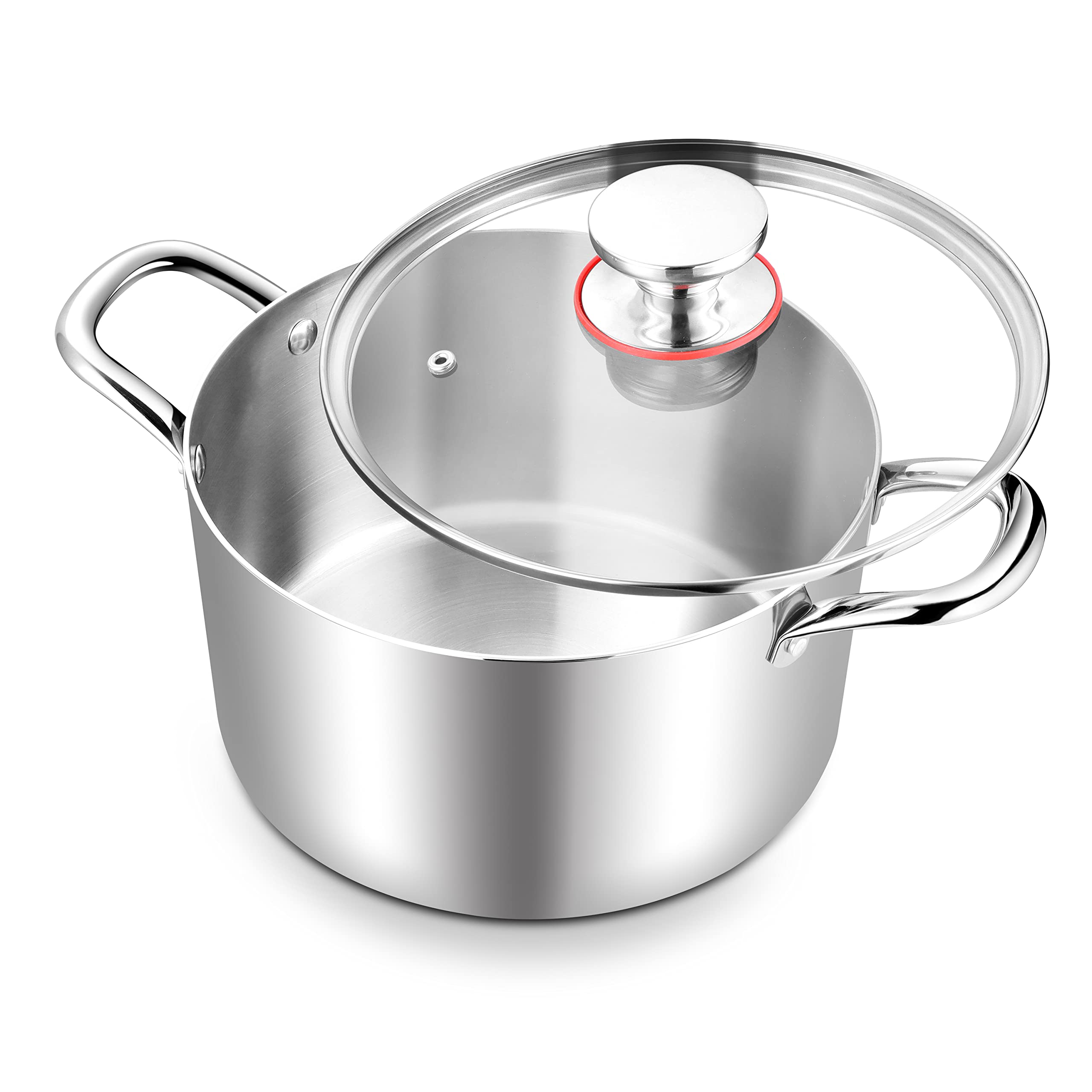 TeamFar 6 Quart Stock Pot, Stainless Steel Tri-Ply Cooking Pasta Pot with Tempered Glass Lid for Induction/Electric/Gas/Ceramic, Healthy & Sturdy, Double Riveted Handles & Dishwasher Safe