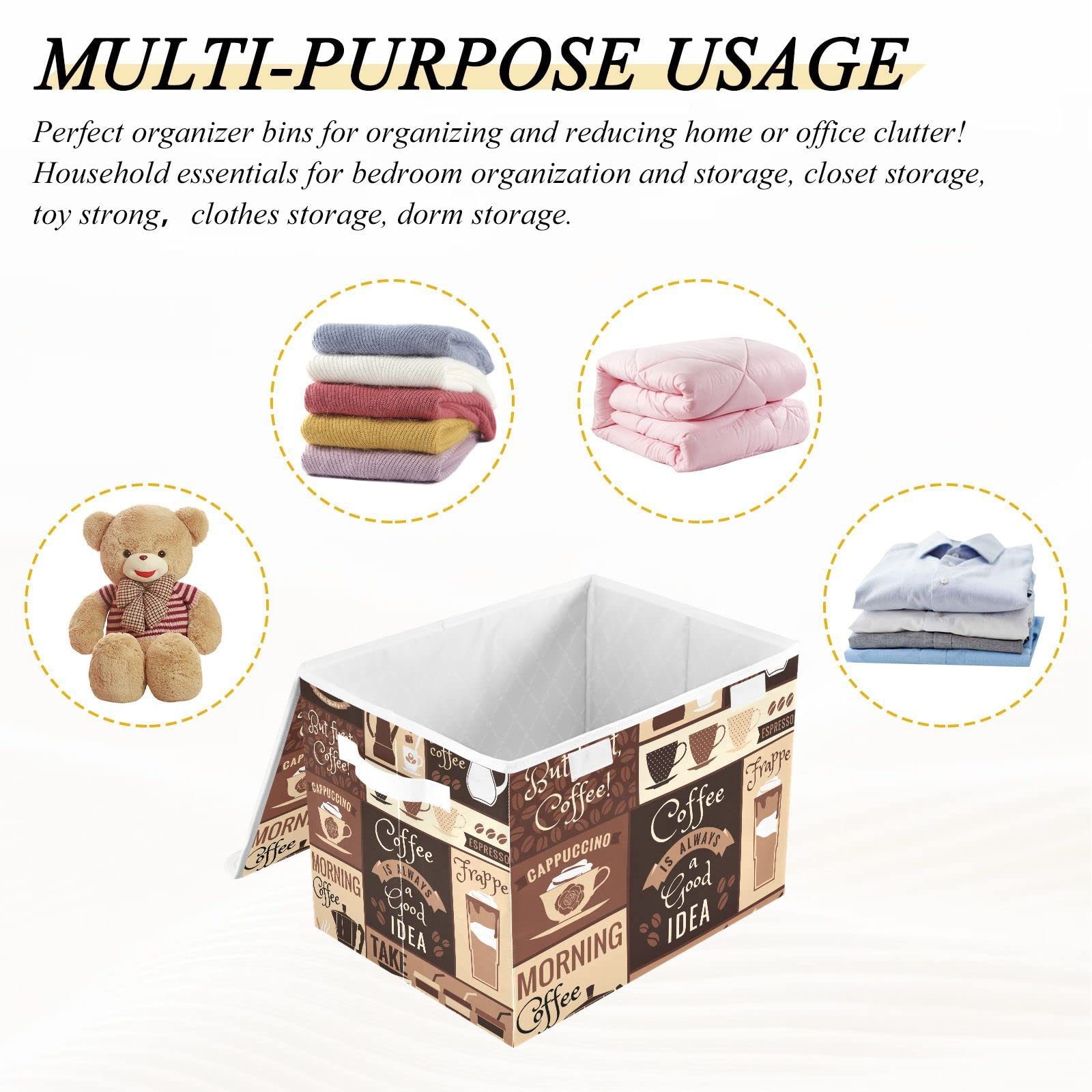 MFTJYO Storage Bin with Lid Coffee Cafe Foldable Storage Box Washable Fabric Storage Cubes Bin Organizer Basket Closet for Home Bedroom Closet Nursery Office