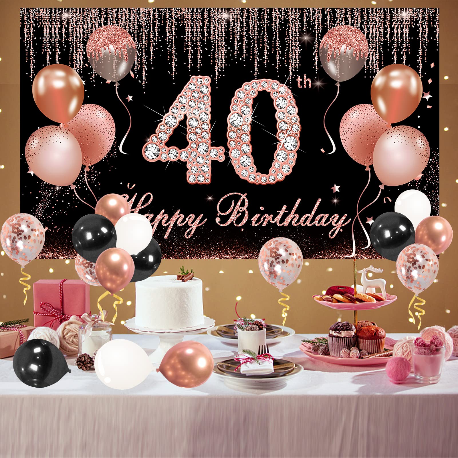 40th Birthday Banner Decorations with Confetti Balloon Arch Garland, Rose Gold and Black Happy 40 Birthday Backdrop Balloon Kit Party Supplies for Women, Forty Year Old Bday Background Sign Decor