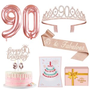 90th birthday decorations for women, include 90th birthday sash and tiara, birthday cake topper and number 90 candles, balloons, 3d birthday card, 90th birthday gifts women