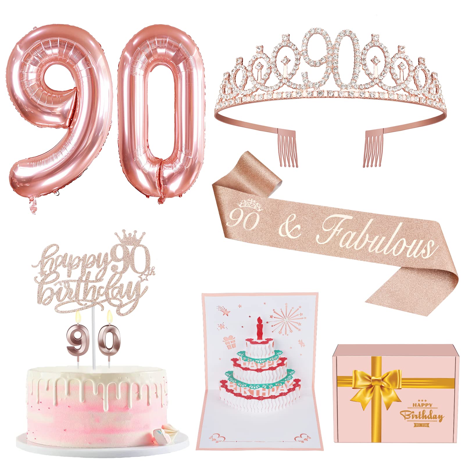 90th Birthday Decorations For Women, Include 90th Birthday Sash and Tiara, Birthday Cake Topper and Number 90 Candles, Balloons, 3D Birthday Card, 90th Birthday Gifts Women