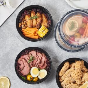 FULING 24 oz 50 ct Round Meal Prep Food Storage Containers with Lids To Go Plastic Lunch Plan Box Disposable Take Out Bowls Black BPA Free Reusable Durable Stackable Microwave Freezer Dishwasher Safe