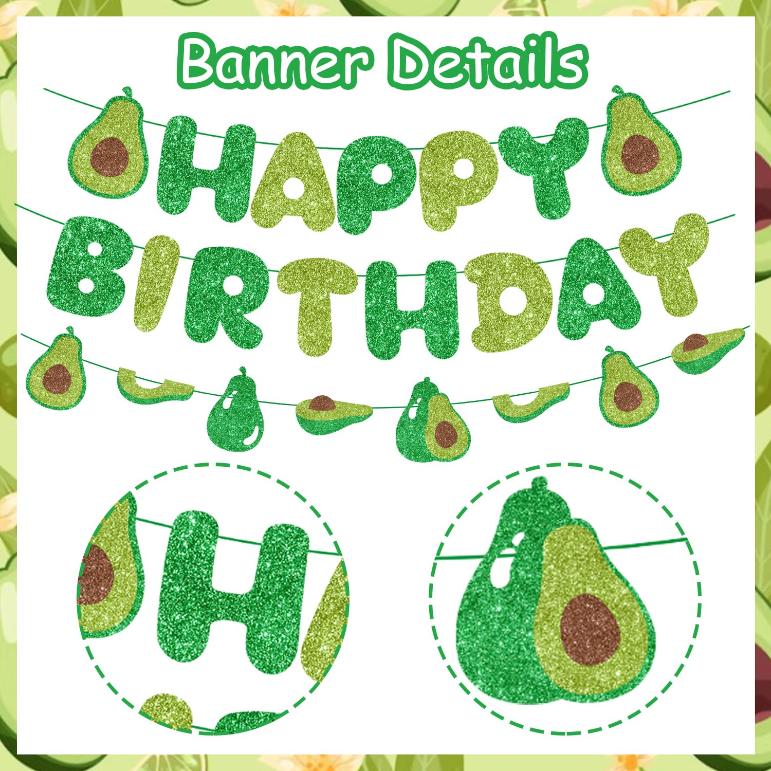 Avocado Themed Birthday Party Decorations Supplies with Glitter Avocado Birthday Garland Banner Cake Topper Let's Avocado Set for Avocado Baby Shower Birthday Party Supplies