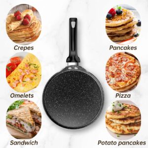 Innerwell Nonstick Crepe Pan, Comal Dosa Pan Tawa Griddle Pancake Pan, 10 Inch Tortilla Pan with Stay-Cool Handle, Induction Compatible, 100% PFOA Free, Black