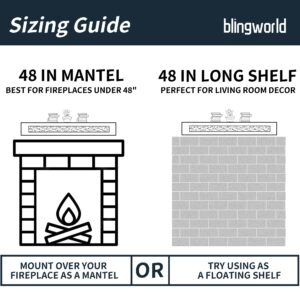 blingworld Fireplace Mantel Mirrored, 48" Glass Floating Mantel Shelf for Over Fireplace & Under TV, Gorgeous Crystal Crushed Diamond Floating Wall Shelves for Living Room, Bedroom, Kitchen, Silver