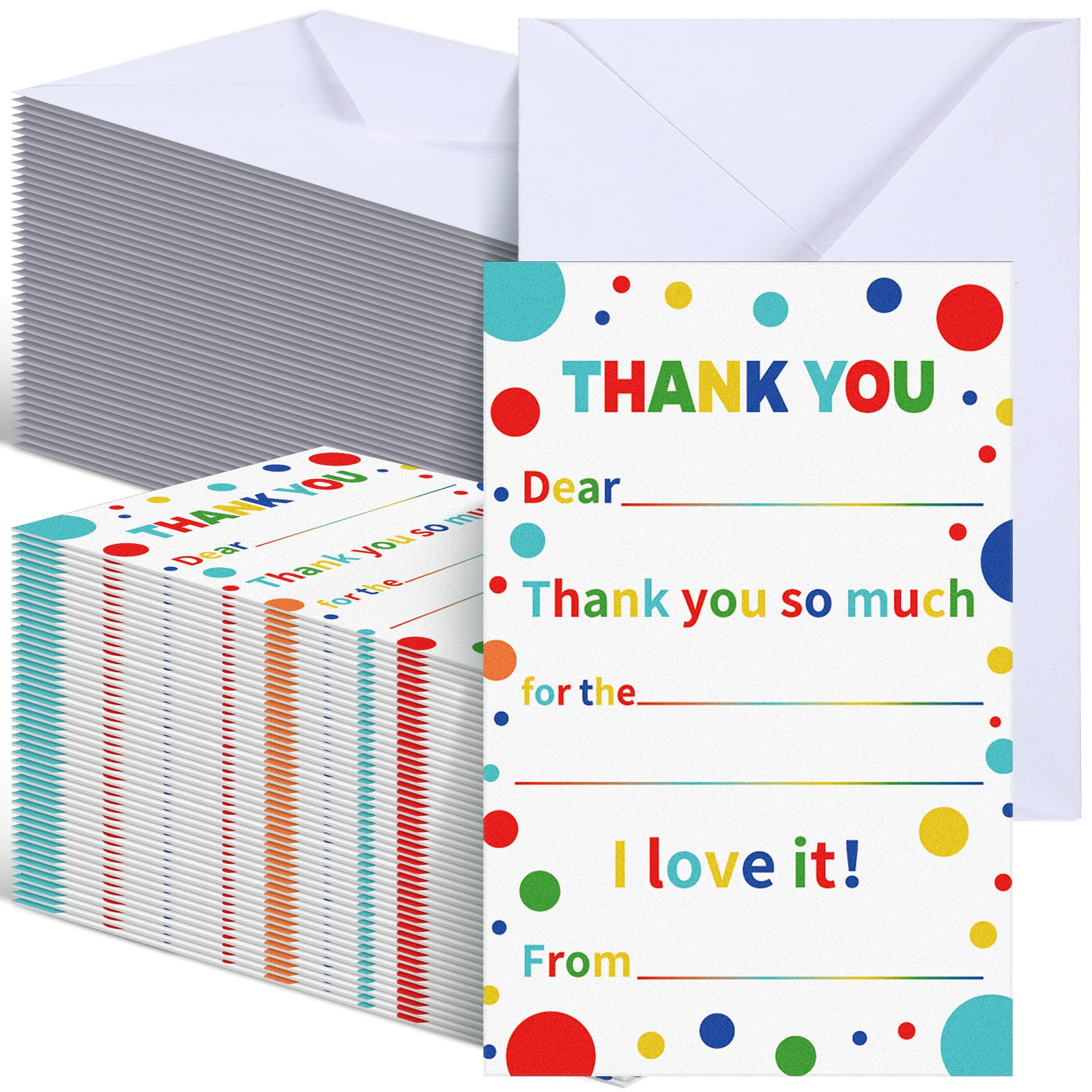 Sherr 200 Pcs Kids Thank You Card with Envelopes Fill in the Blank Rainbow Thank You Notes Birthday Postcard Colorful Dot Cardstock Confetti Appreciation Greeting Gift for Boy Girl Graduation