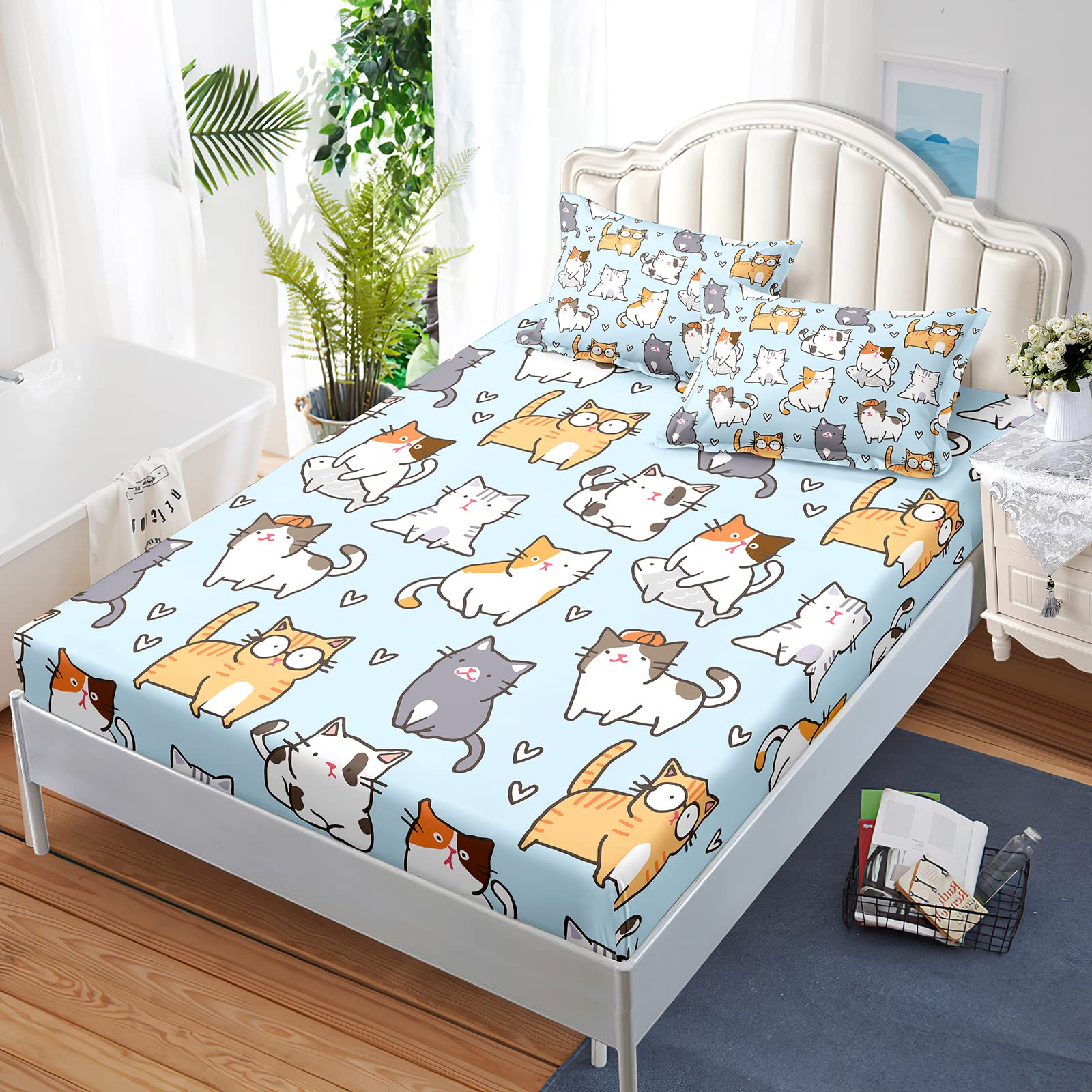 BailiPromise Cartoon Cat Bed Sheet Girls Boys Little Kitten Bedding Set for Teens Children Cute Cat Fitted Sheet Flat Sheet Kawaii Animal Bed Cover 4Pcs Twin Size